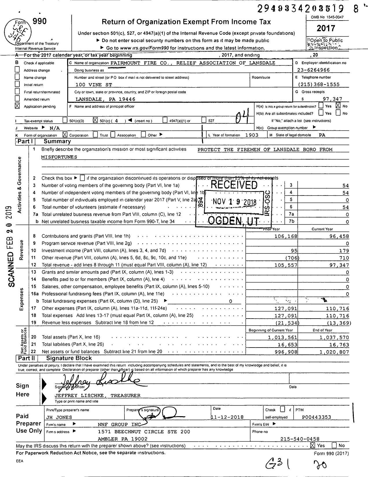 Image of first page of 2017 Form 990O for Fairmount Fire Relief Association of Lansdale