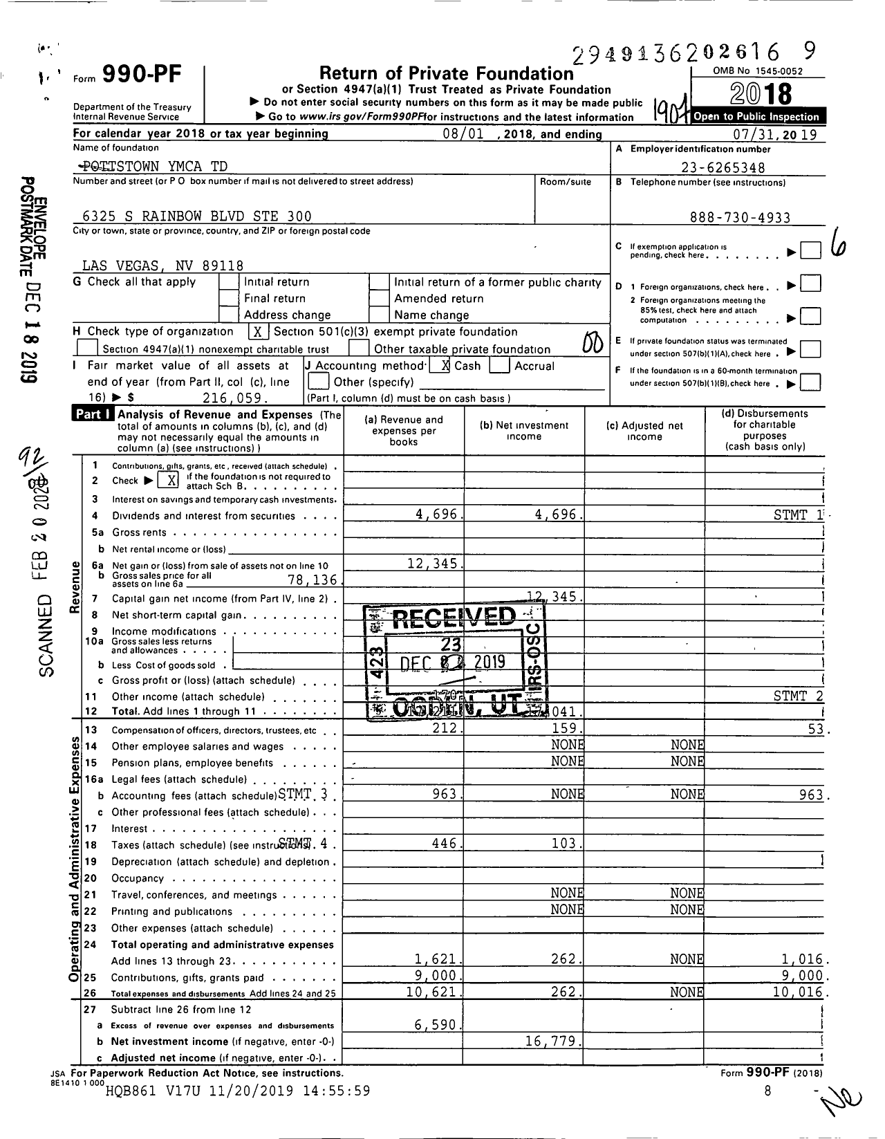 Image of first page of 2018 Form 990PF for Pottstown Ymca TD