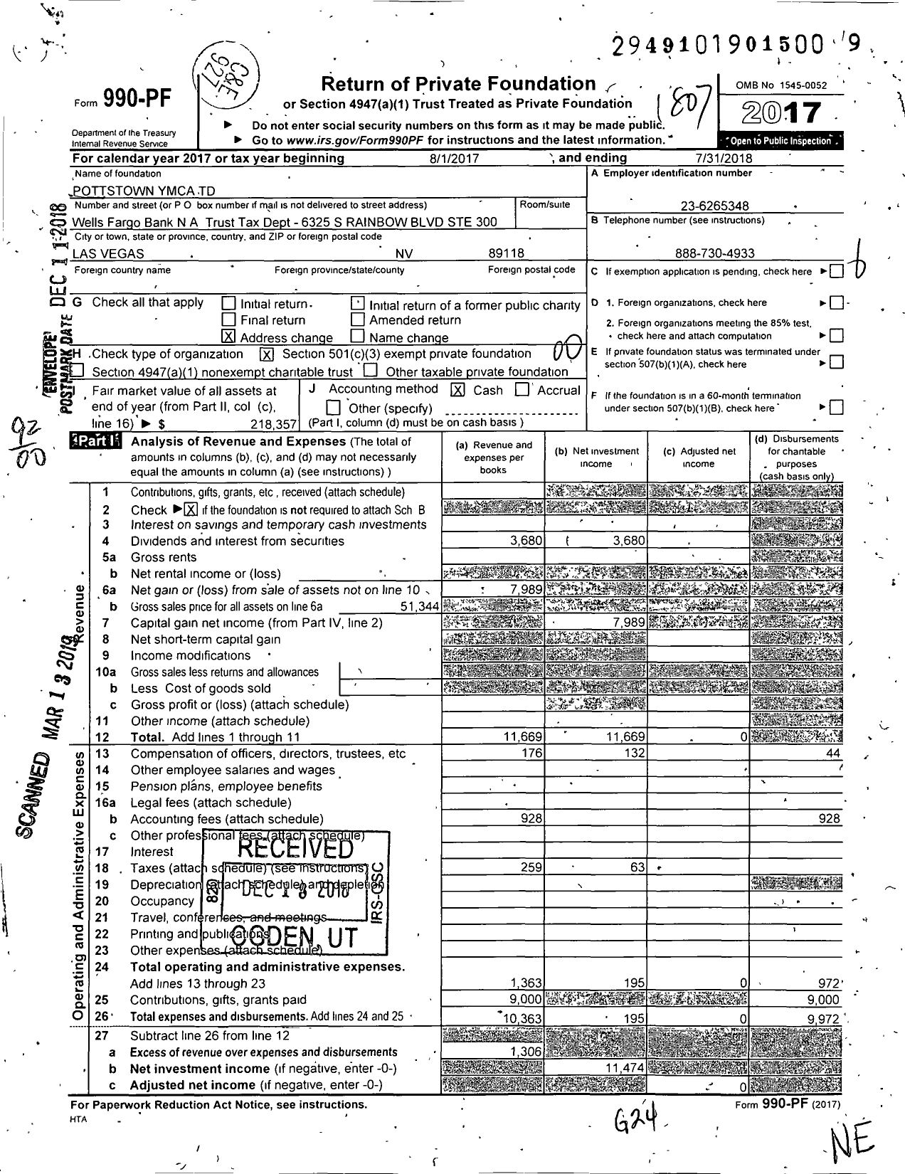 Image of first page of 2017 Form 990PF for Pottstown Ymca TD