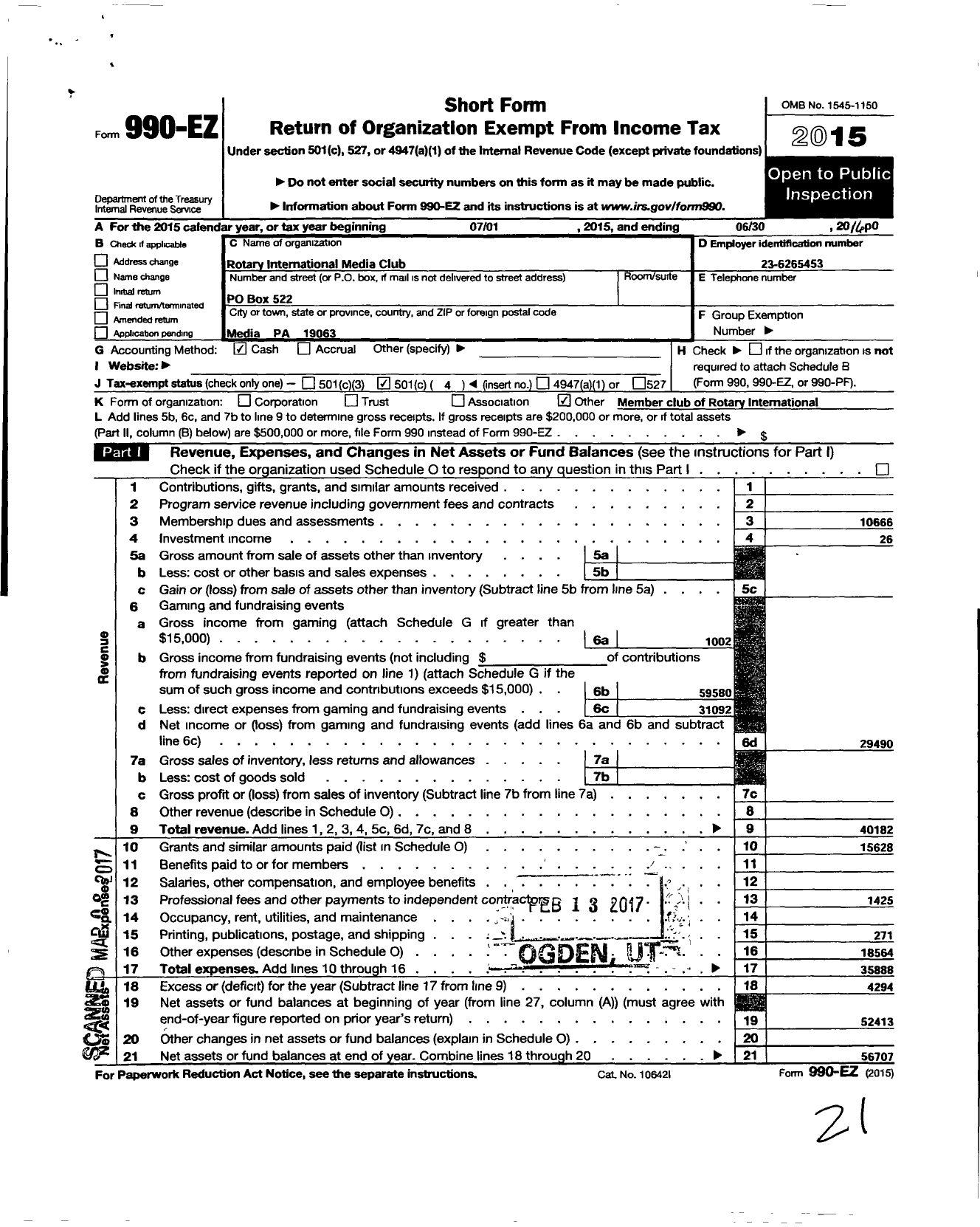 Image of first page of 2015 Form 990EO for Rotary International - Media Club