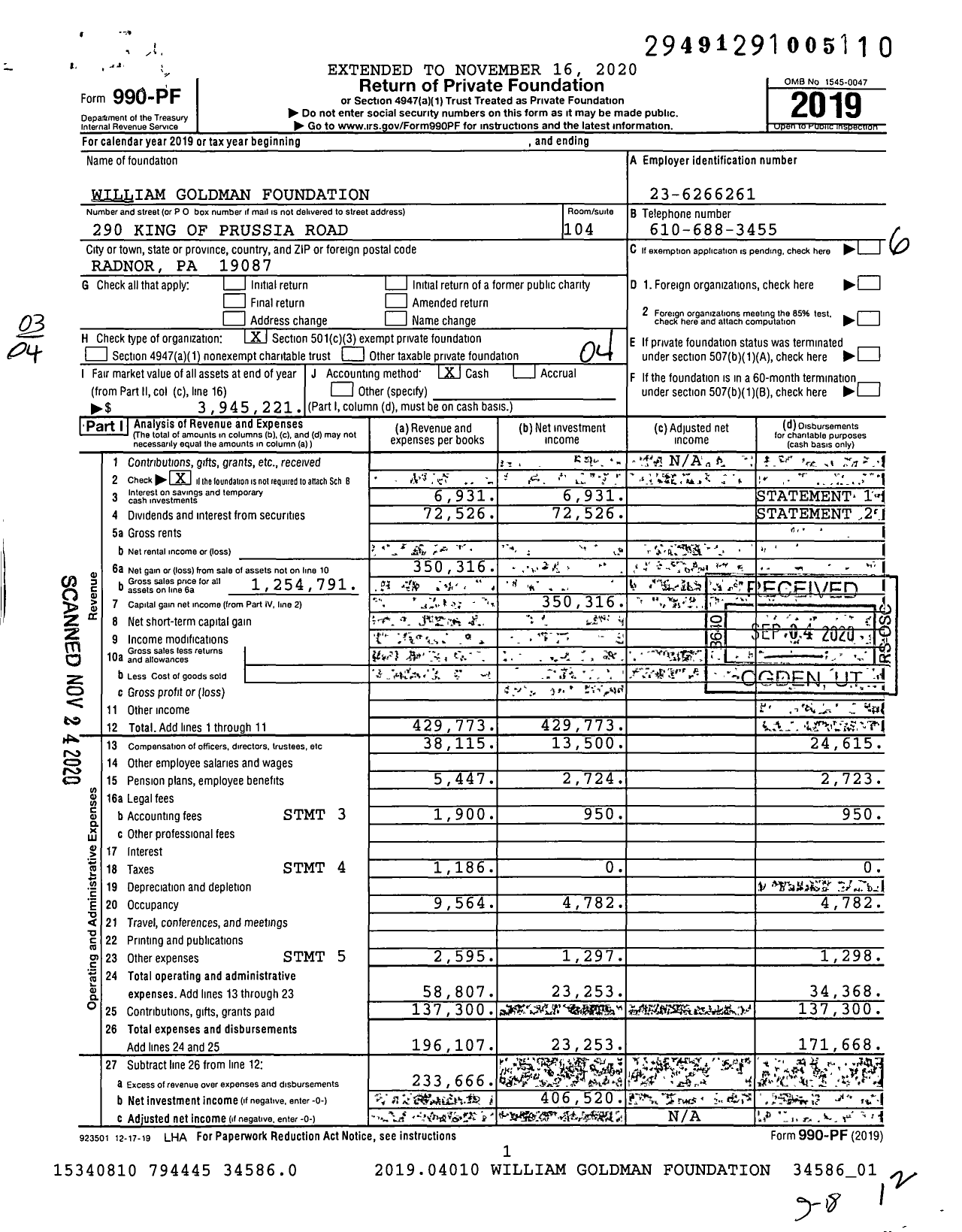 Image of first page of 2019 Form 990PF for William Goldman Foundation