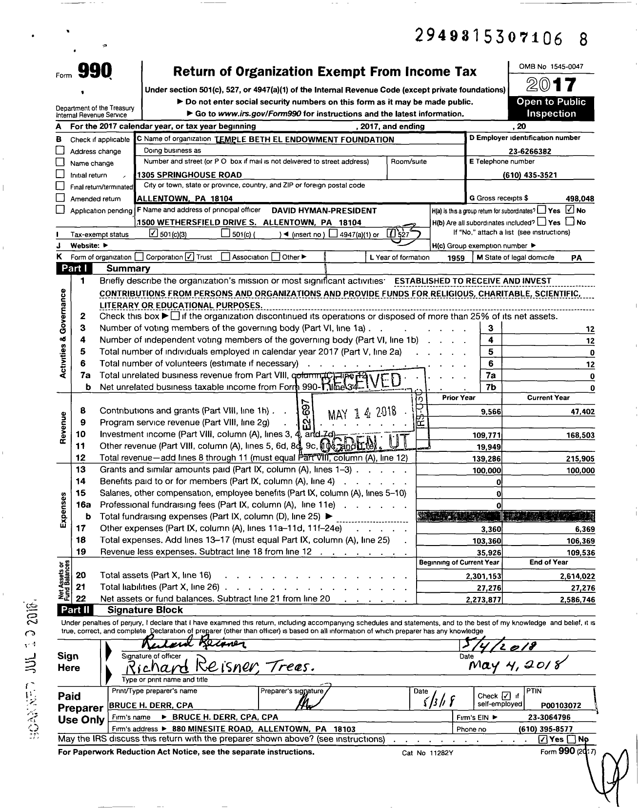 Image of first page of 2017 Form 990 for Temple Beth El Endowment Foundation