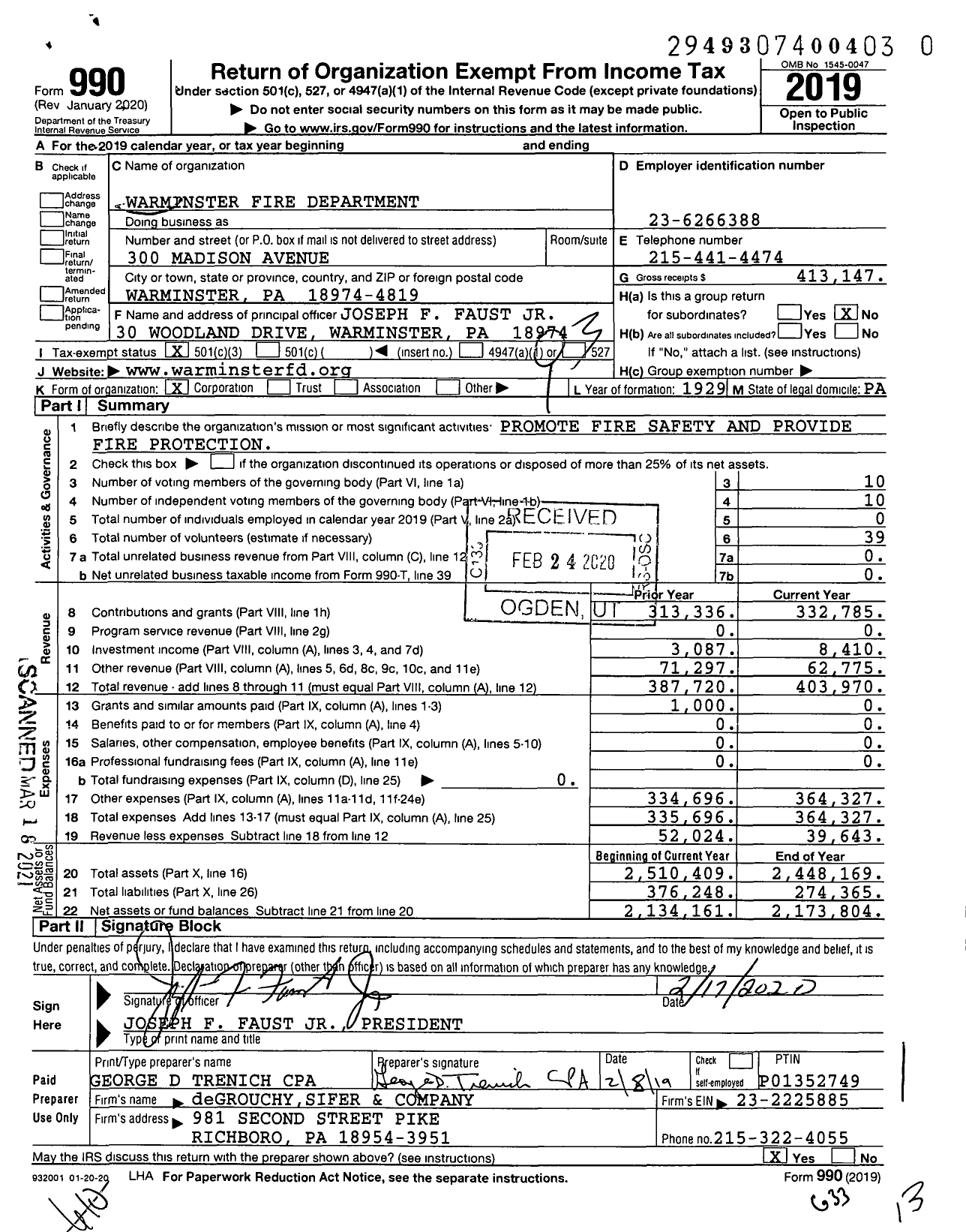 Image of first page of 2019 Form 990 for Warminster Fire Department