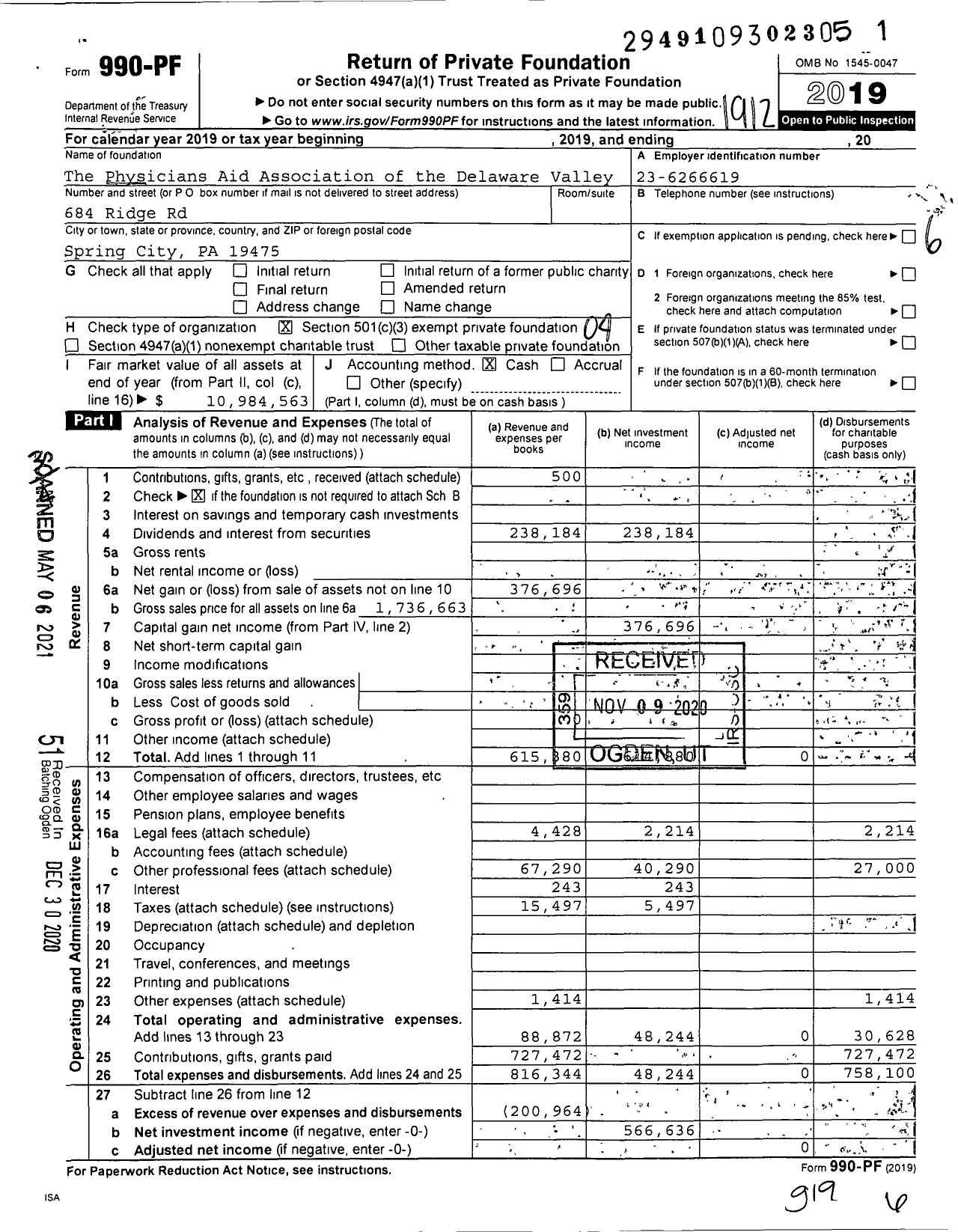 Image of first page of 2019 Form 990PF for The Physicians Aid Association of the Delaware Valley