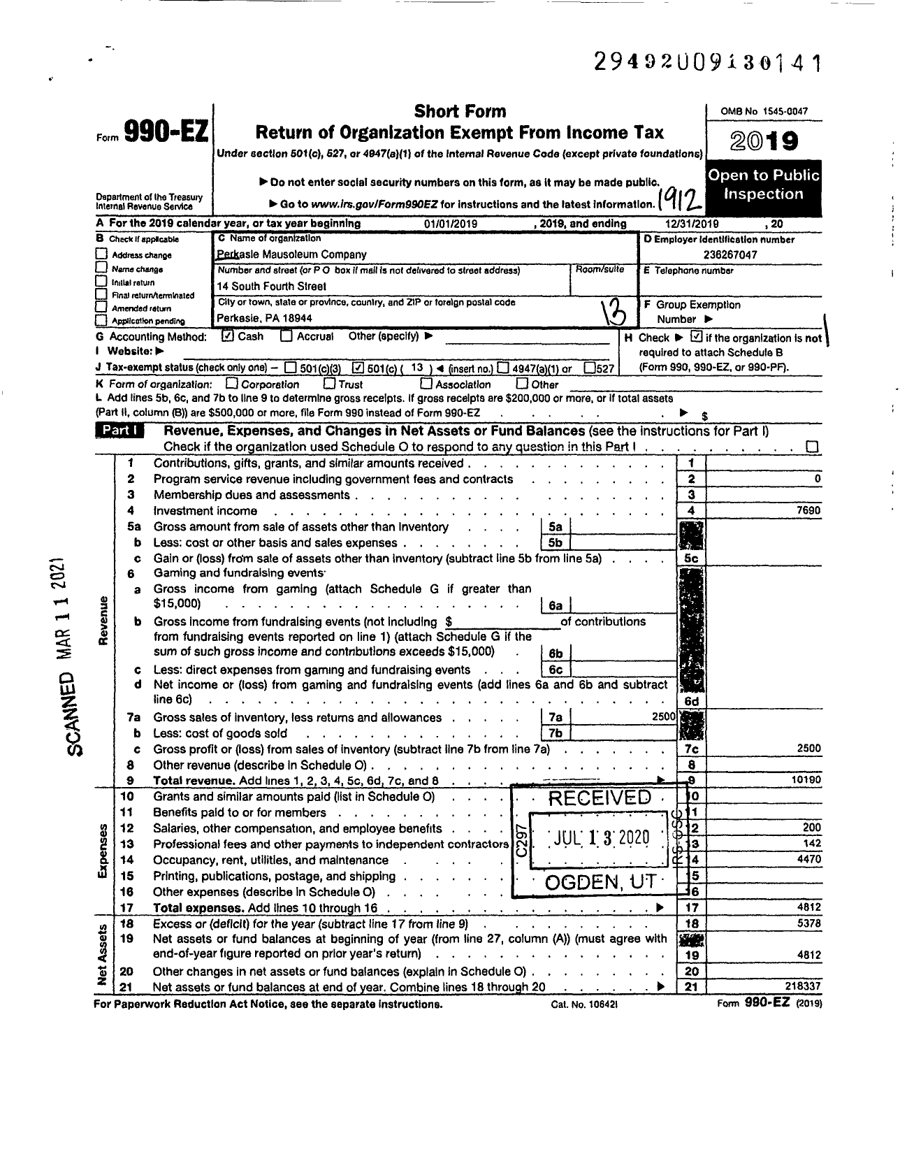 Image of first page of 2019 Form 990EO for Perkasie Mausoleum Company