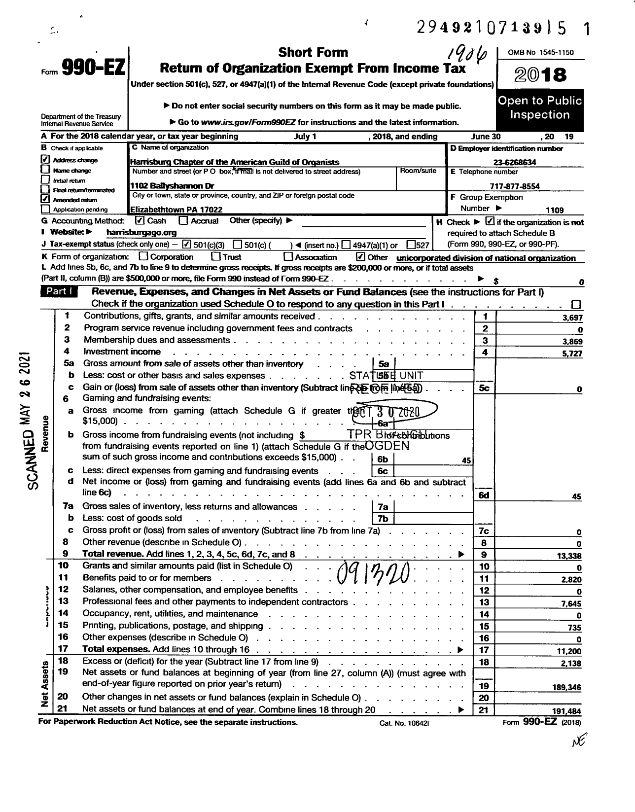 Image of first page of 2018 Form 990EZ for American Guild of Organists Ago - 310 Harrisburg Chapter