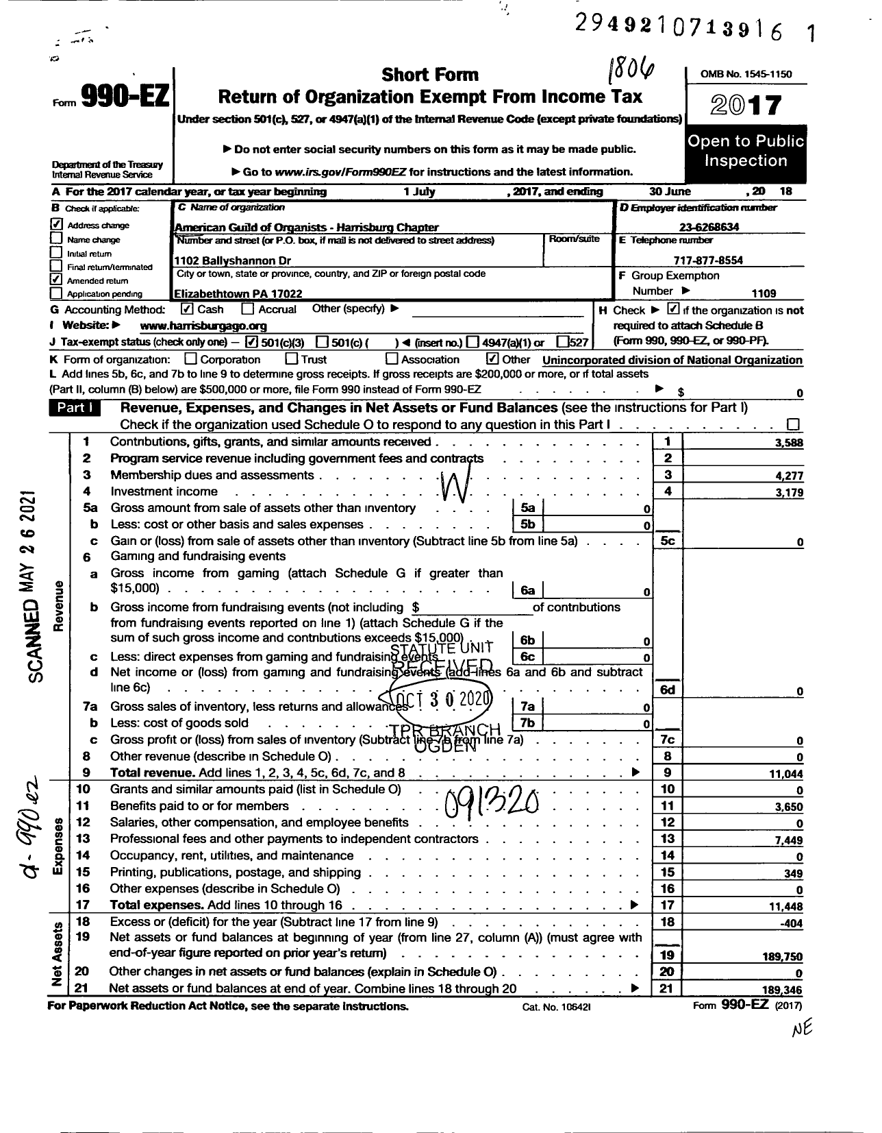 Image of first page of 2017 Form 990EZ for American Guild of Organists Ago - 310 Harrisburg Chapter