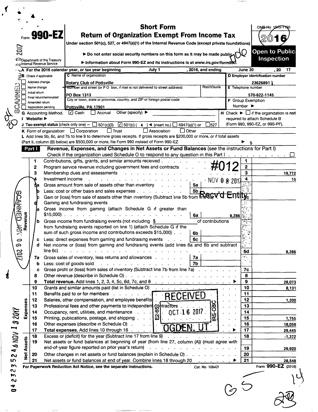 Image of first page of 2016 Form 990EO for Rotary International - Pottsville Rotary Club