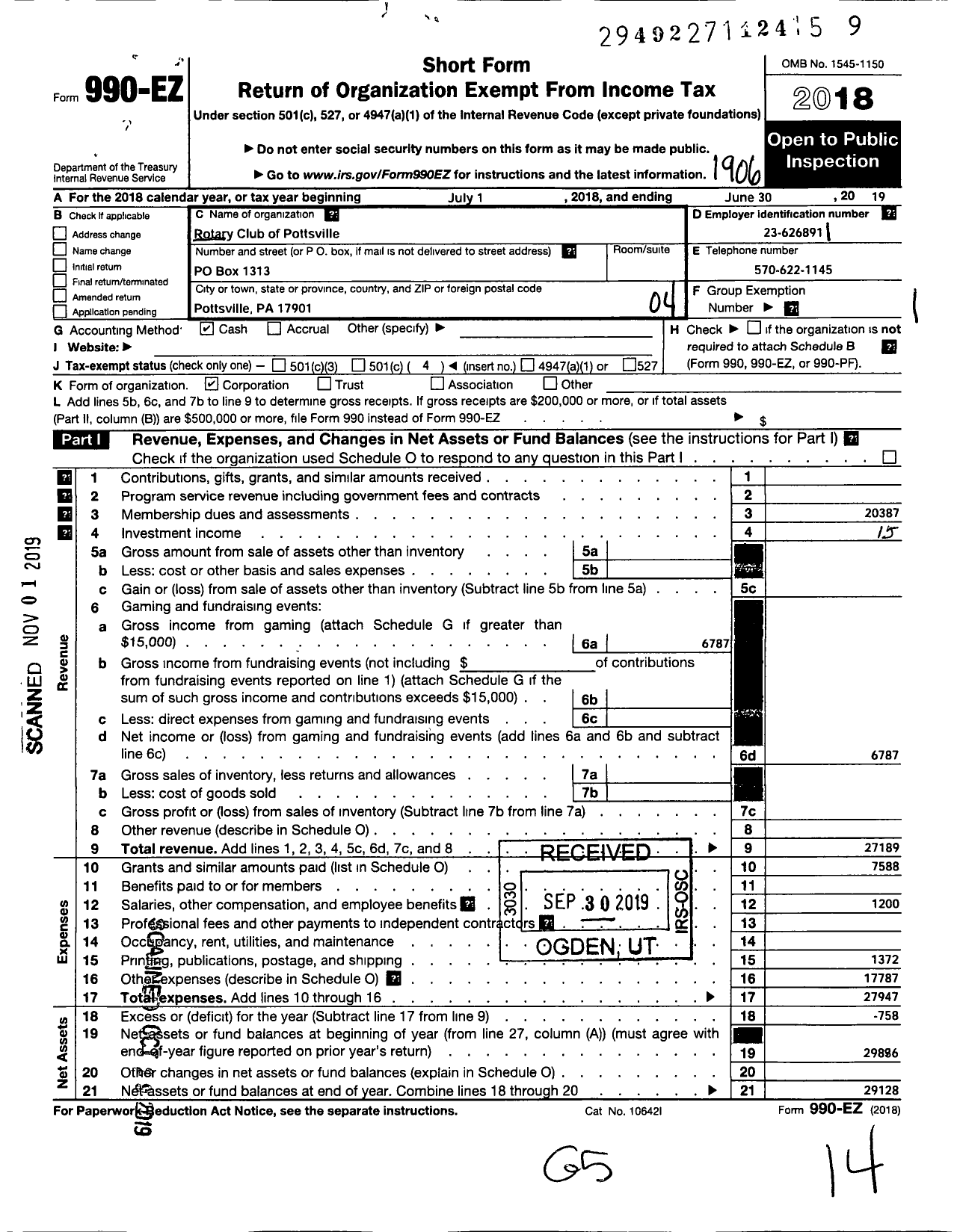 Image of first page of 2018 Form 990EO for Rotary International - Pottsville Rotary Club