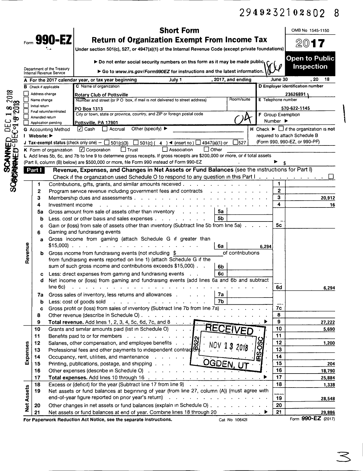 Image of first page of 2017 Form 990EO for Rotary International - Pottsville Rotary Club