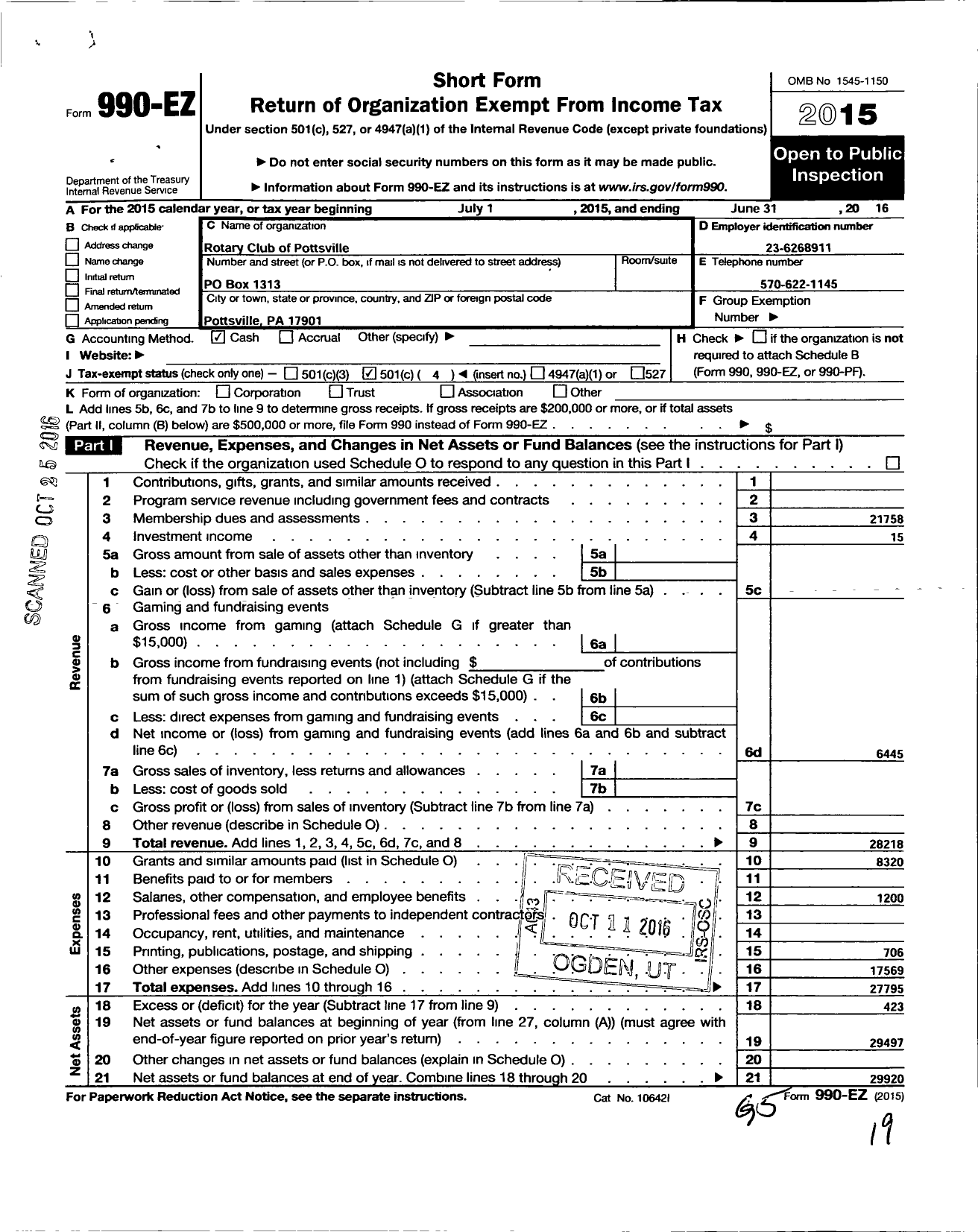 Image of first page of 2015 Form 990EO for Rotary International - Pottsville Rotary Club