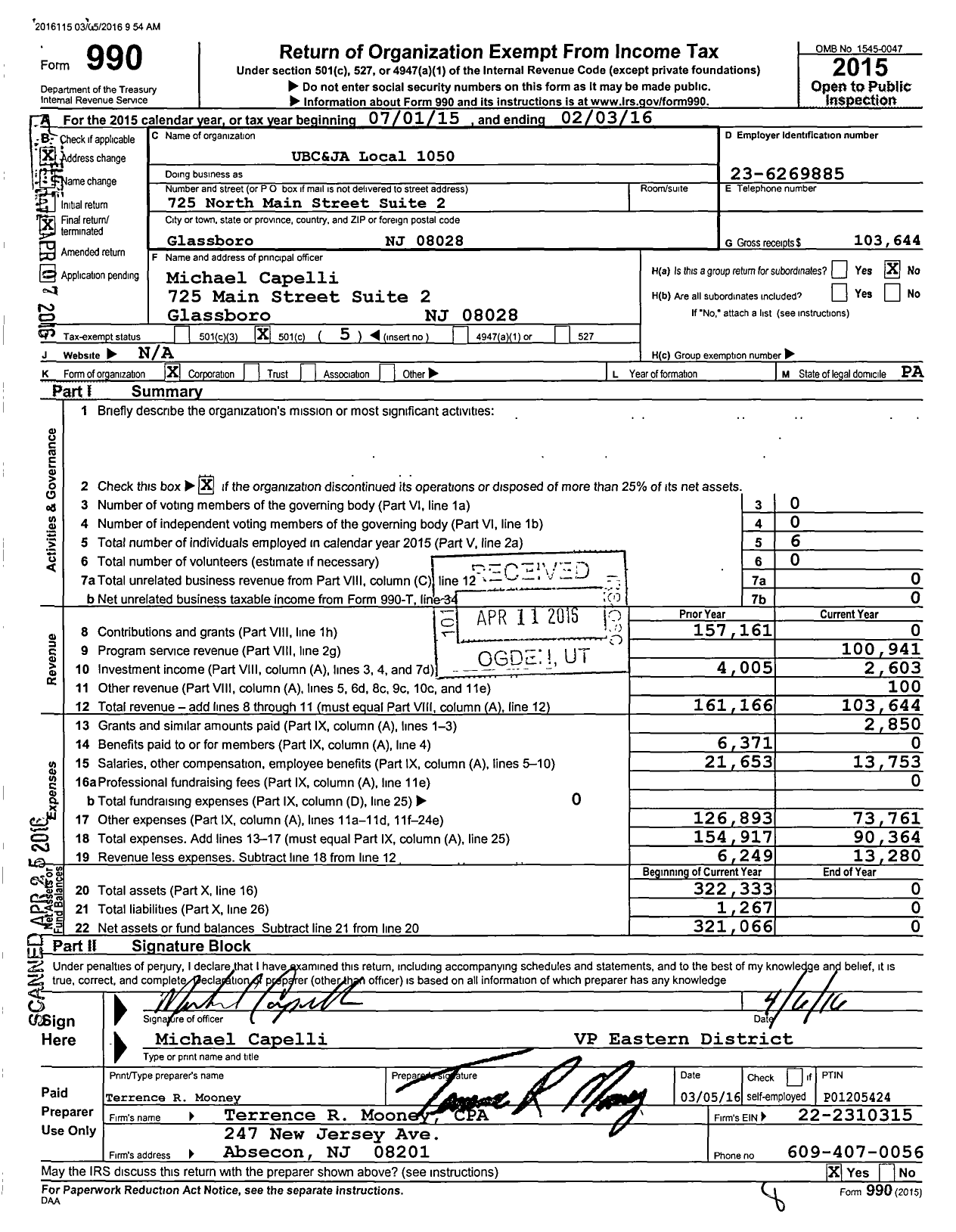 Image of first page of 2015 Form 990O for United Brotherhood of Carpenters & Joiners - 1050 BCJ