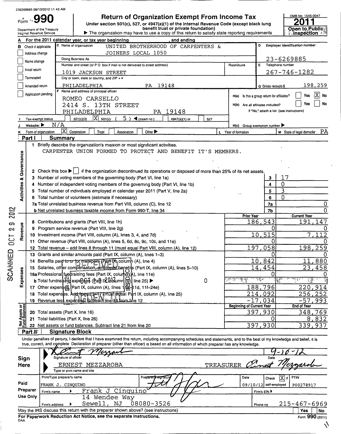 Image of first page of 2011 Form 990O for United Brotherhood of Carpenters & Joiners - 1050 BCJ