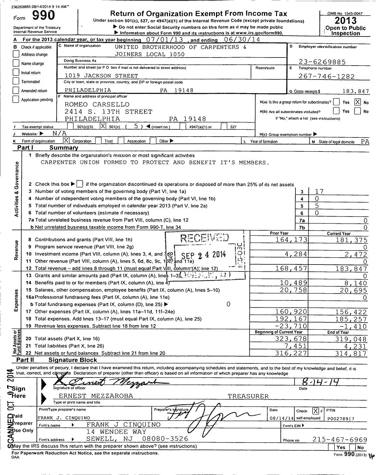 Image of first page of 2013 Form 990O for United Brotherhood of Carpenters & Joiners - 1050 BCJ