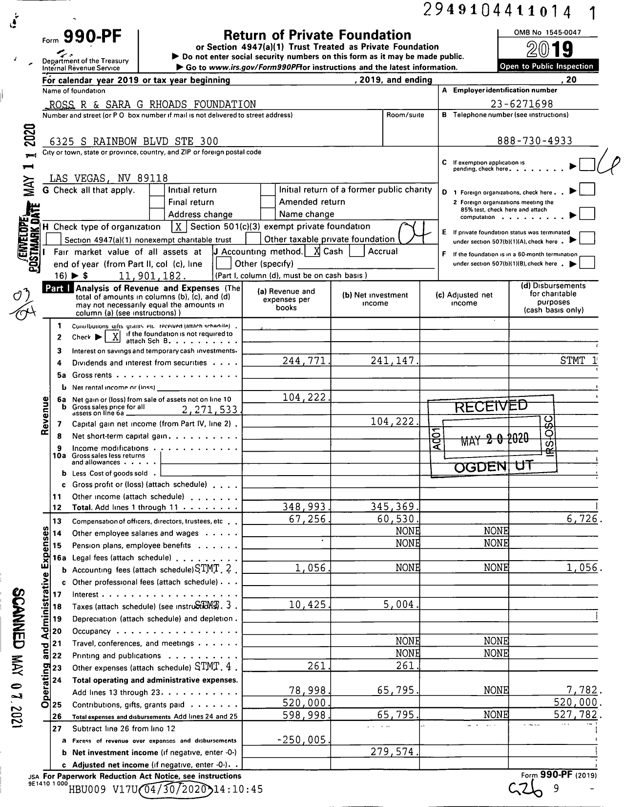Image of first page of 2019 Form 990PF for Ross R and Sara G Rhoads Foundation