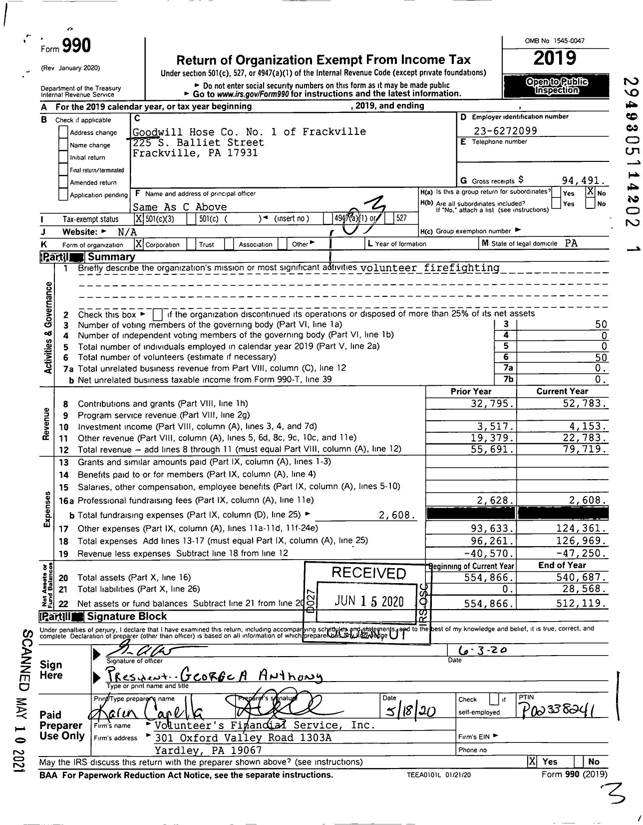 Image of first page of 2019 Form 990 for Goodwill Hose Co No 1 of Frackville