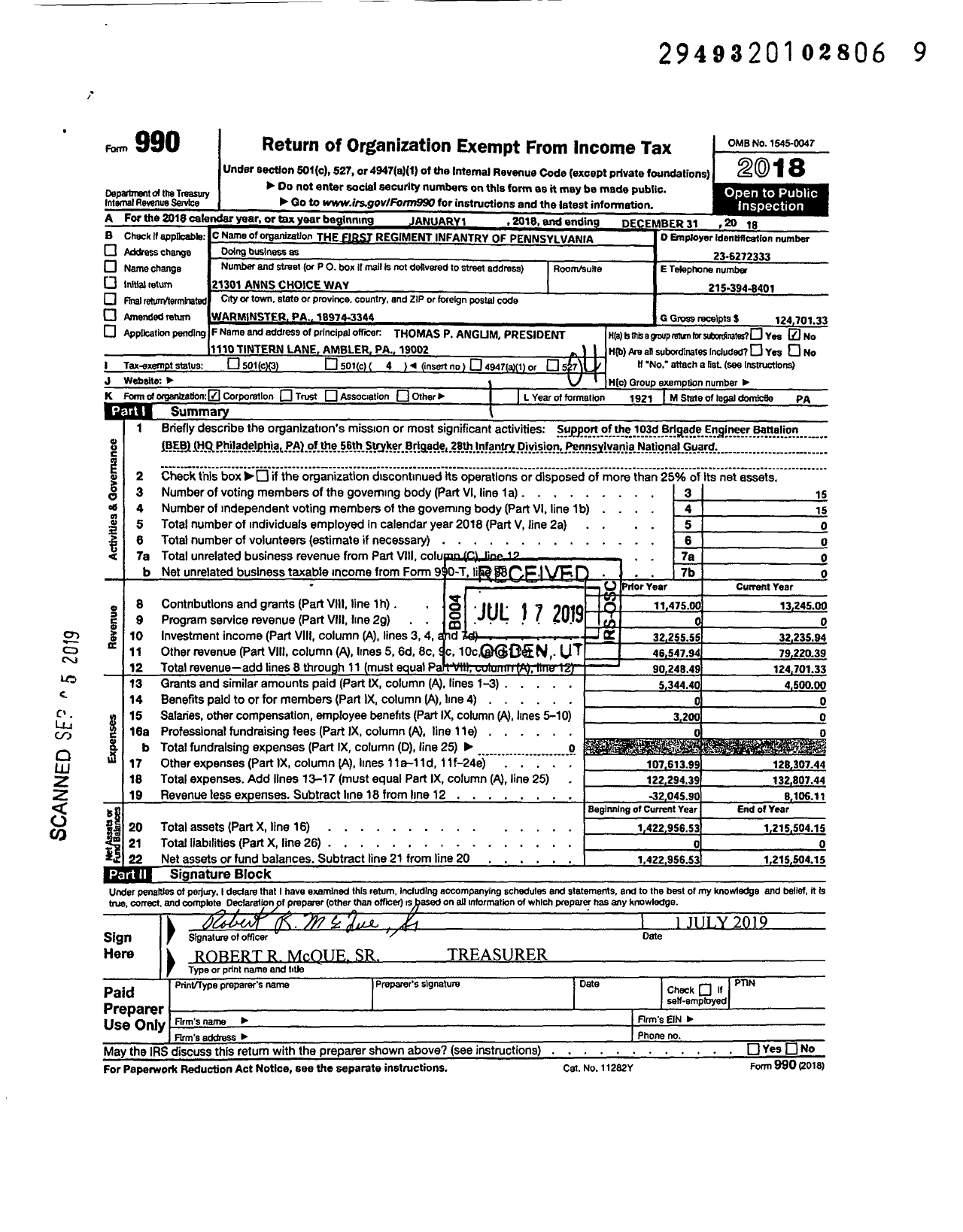 Image of first page of 2018 Form 990O for First Regiment Infantry of Pennsylvania