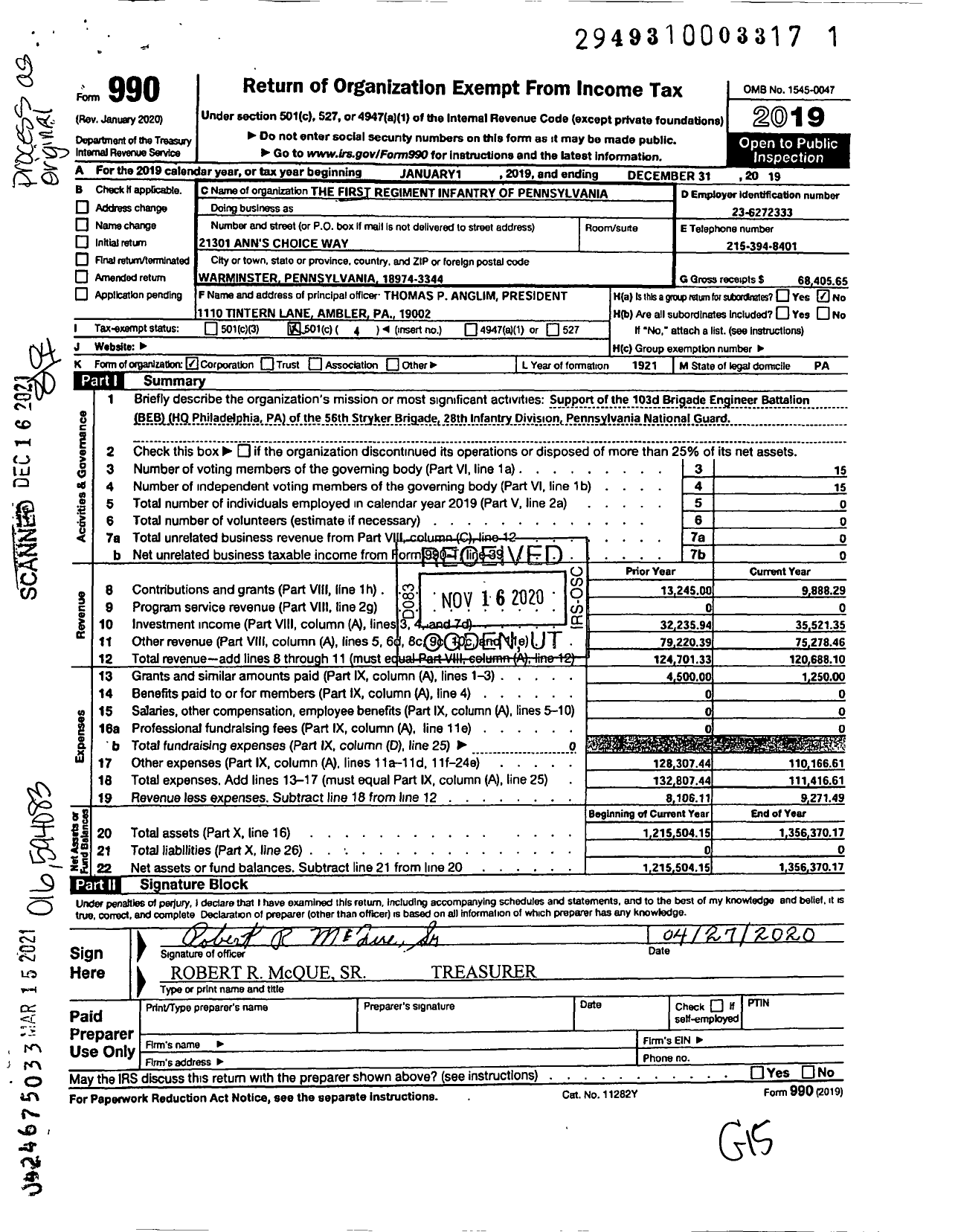 Image of first page of 2019 Form 990O for First Regiment Infantry of Pennsylvania