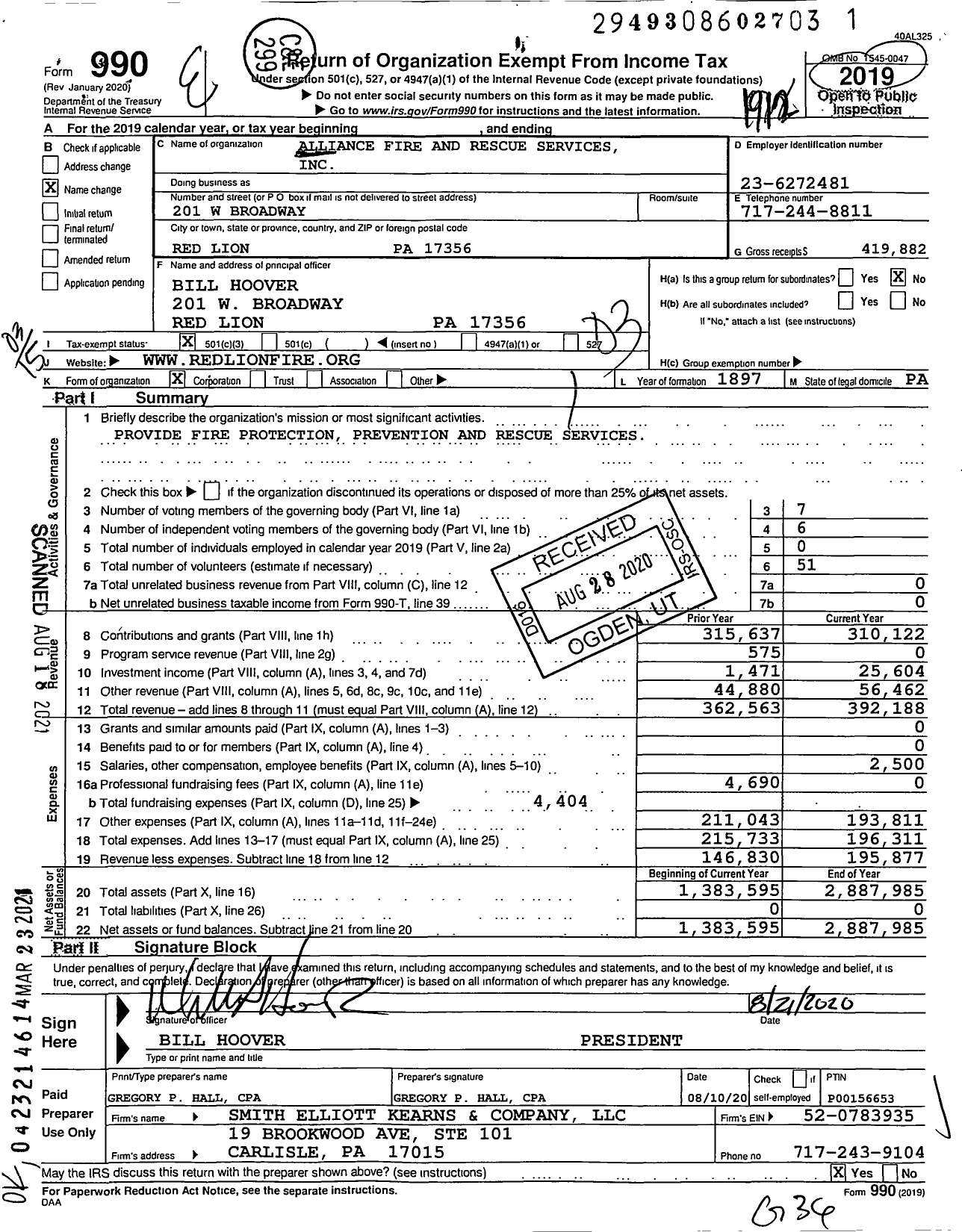 Image of first page of 2019 Form 990 for Alliance Fire and Rescue Services