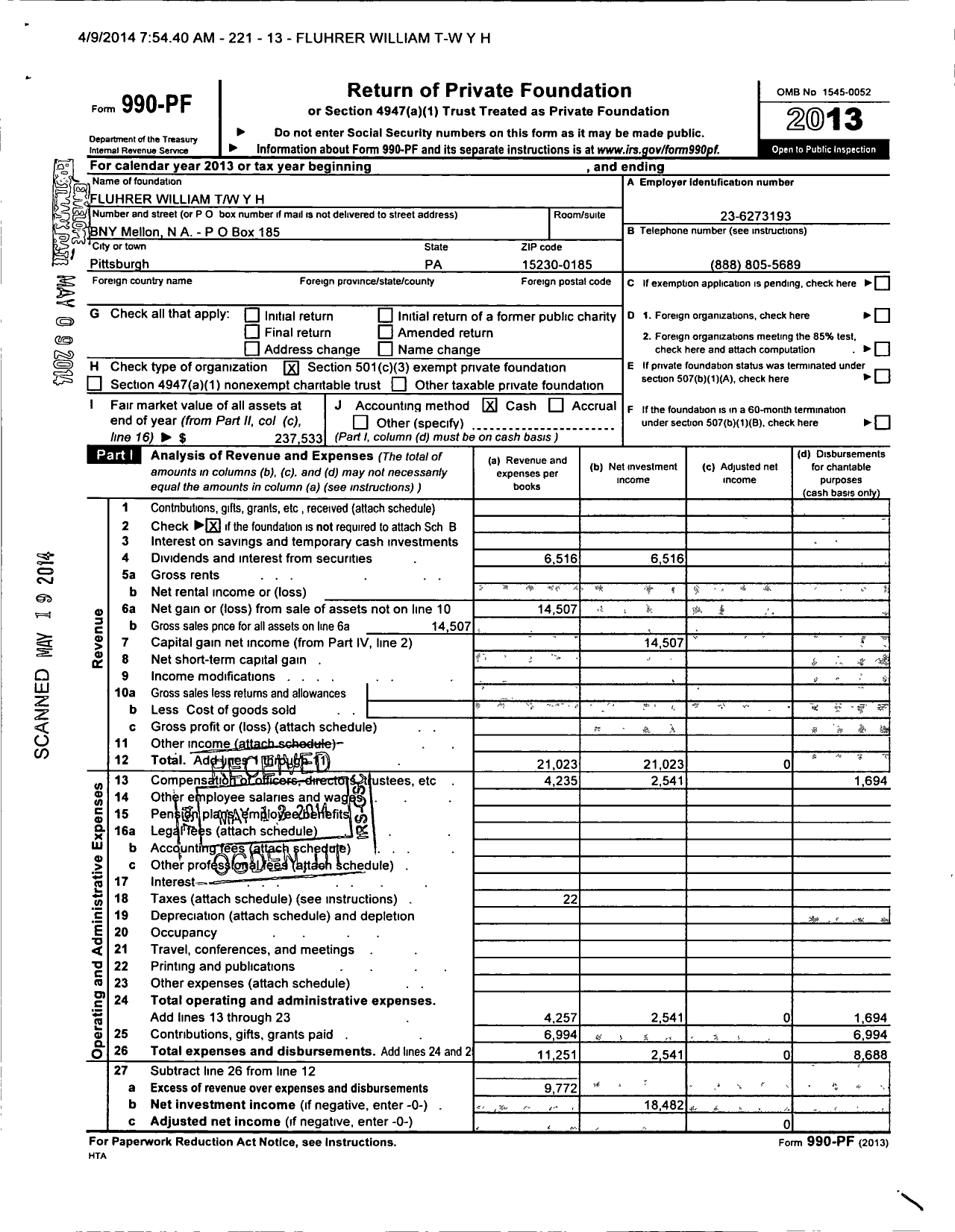 Image of first page of 2013 Form 990PF for Fluhrer William TW Y H