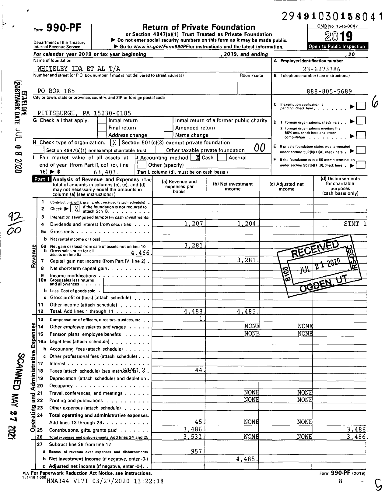 Image of first page of 2019 Form 990PF for Whiteley Ida Et Al Ta