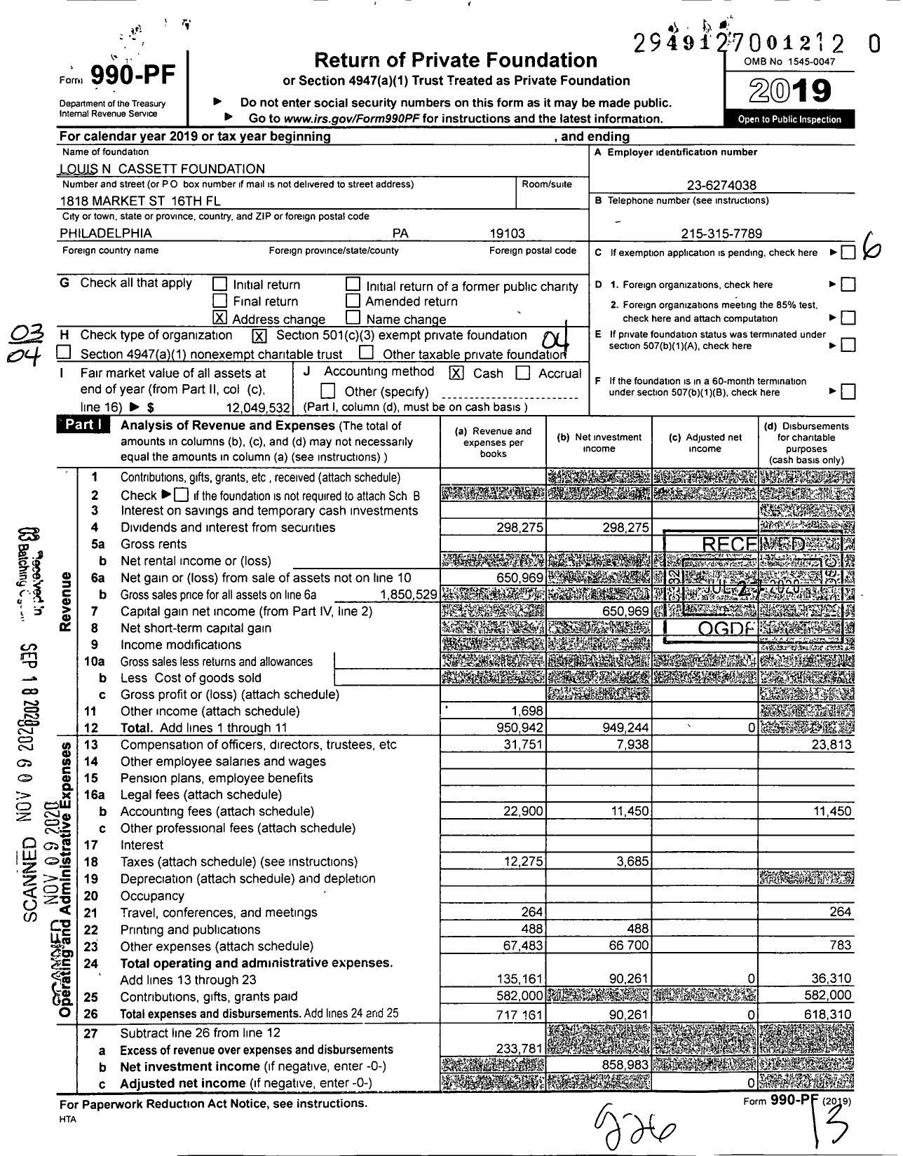 Image of first page of 2019 Form 990PF for Louis N Cassett Foundation