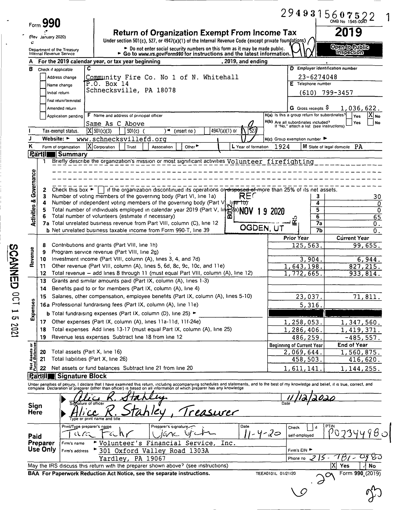 Image of first page of 2019 Form 990 for Community Fire Co No 1 of N Whitehall