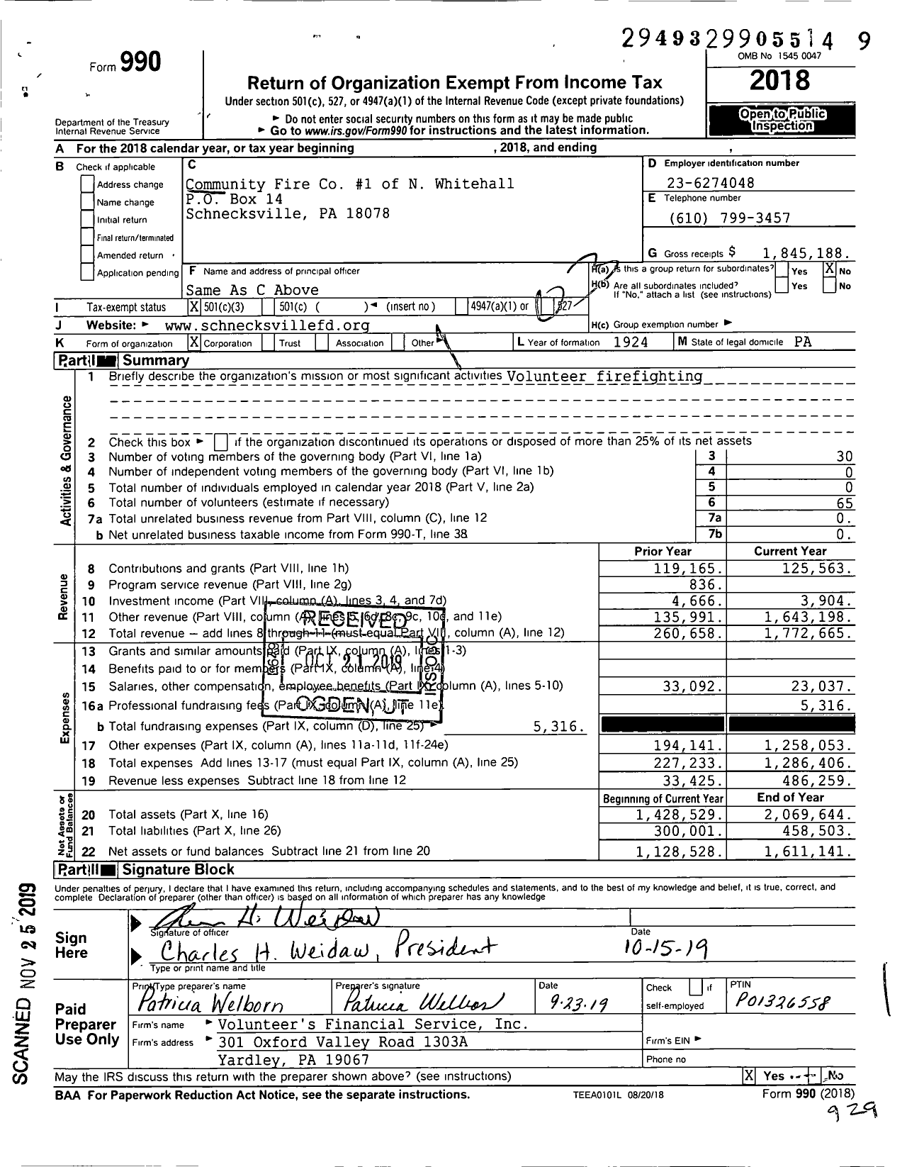 Image of first page of 2018 Form 990 for Community Fire Co No 1 of N Whitehall