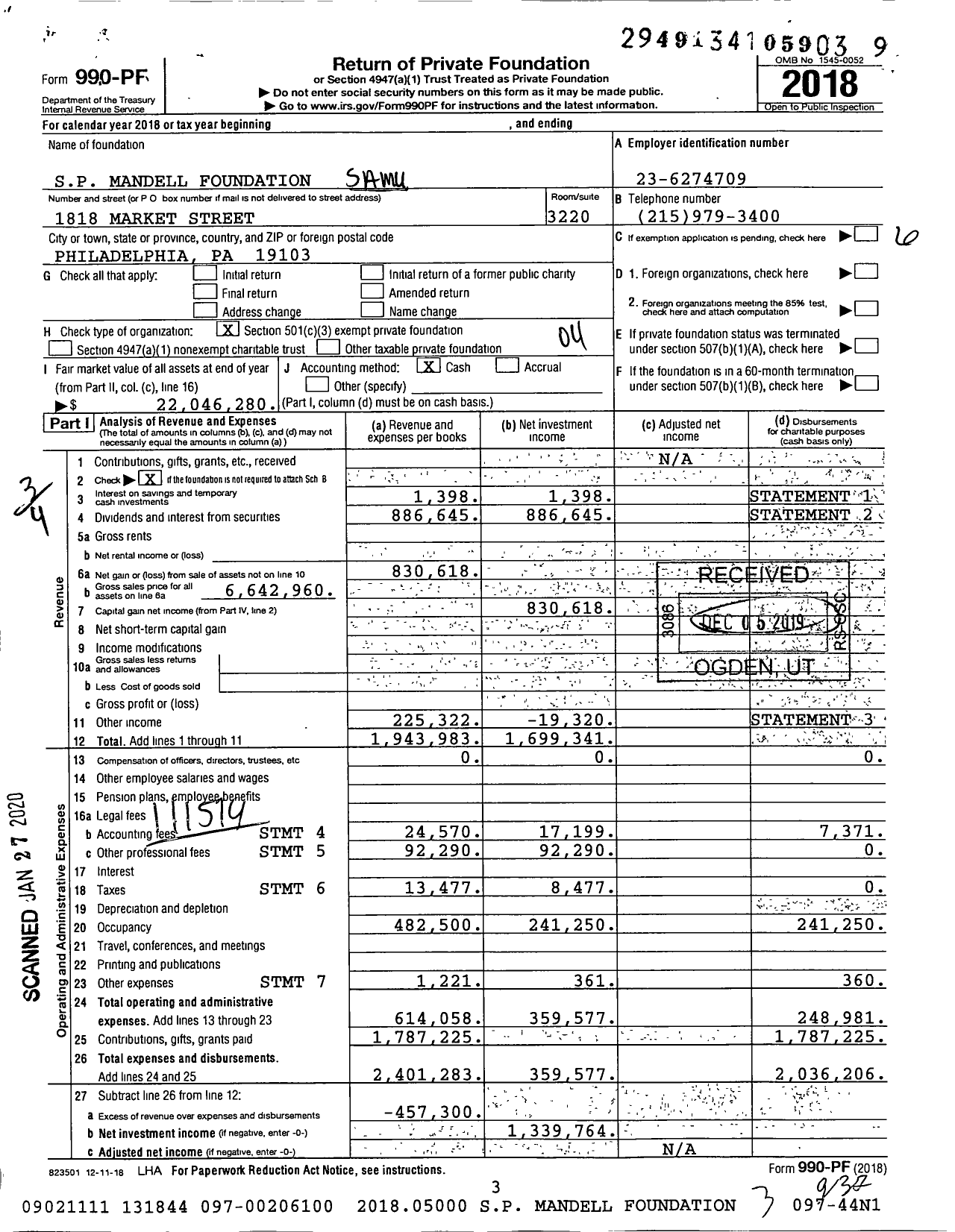 Image of first page of 2018 Form 990PF for SP Mandell Foundation