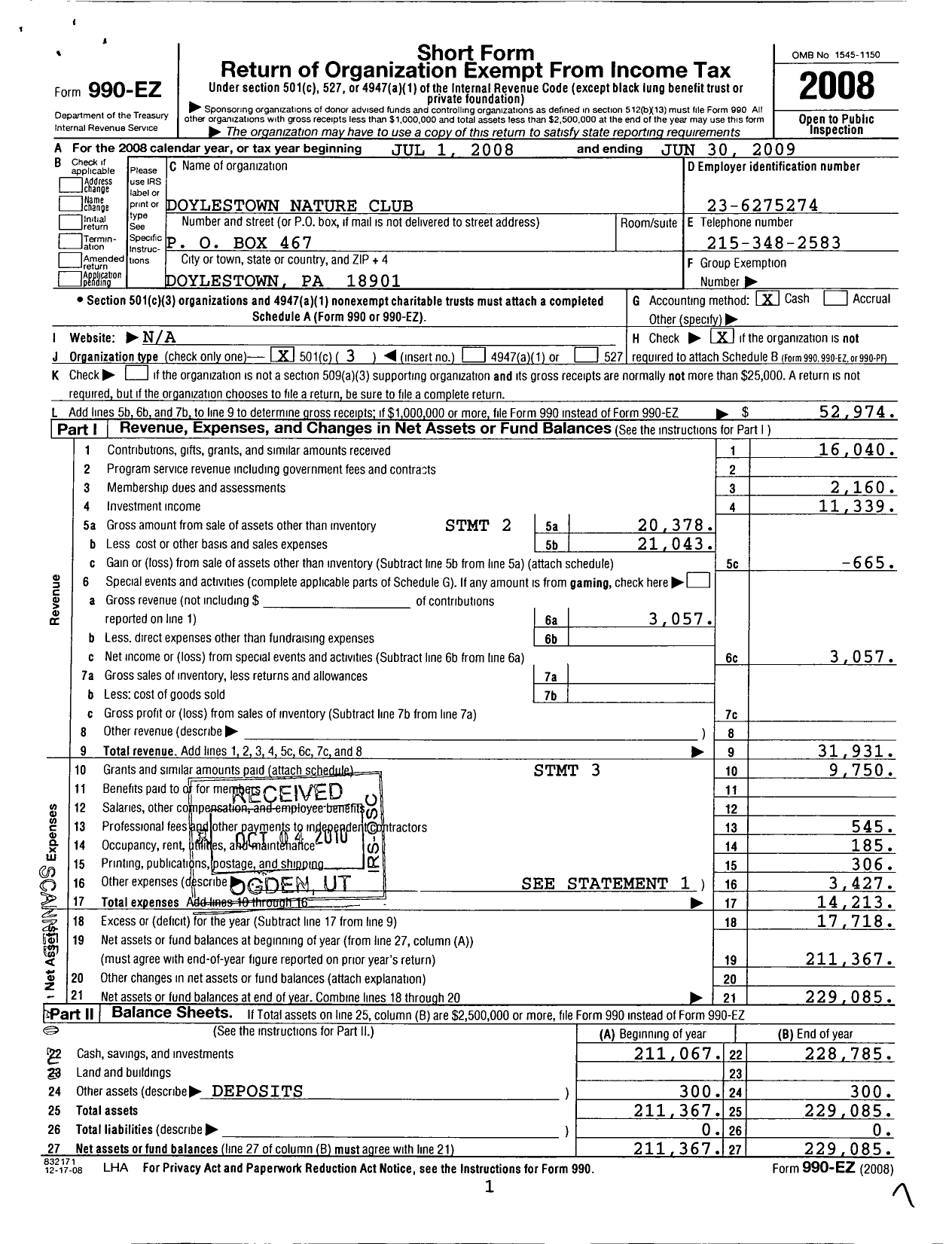 Image of first page of 2008 Form 990EZ for Doylestown Nature Club