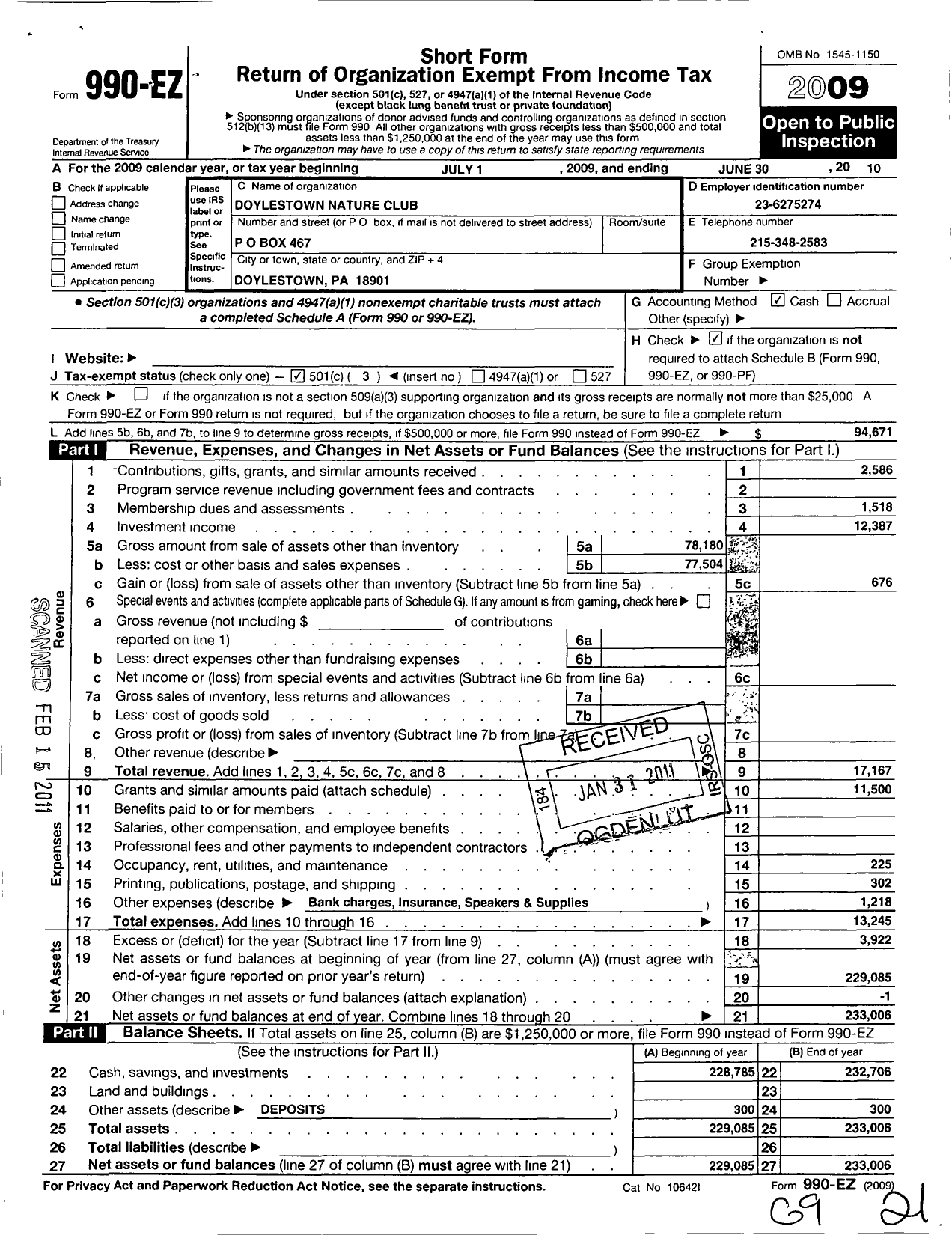 Image of first page of 2009 Form 990EZ for Doylestown Nature Club