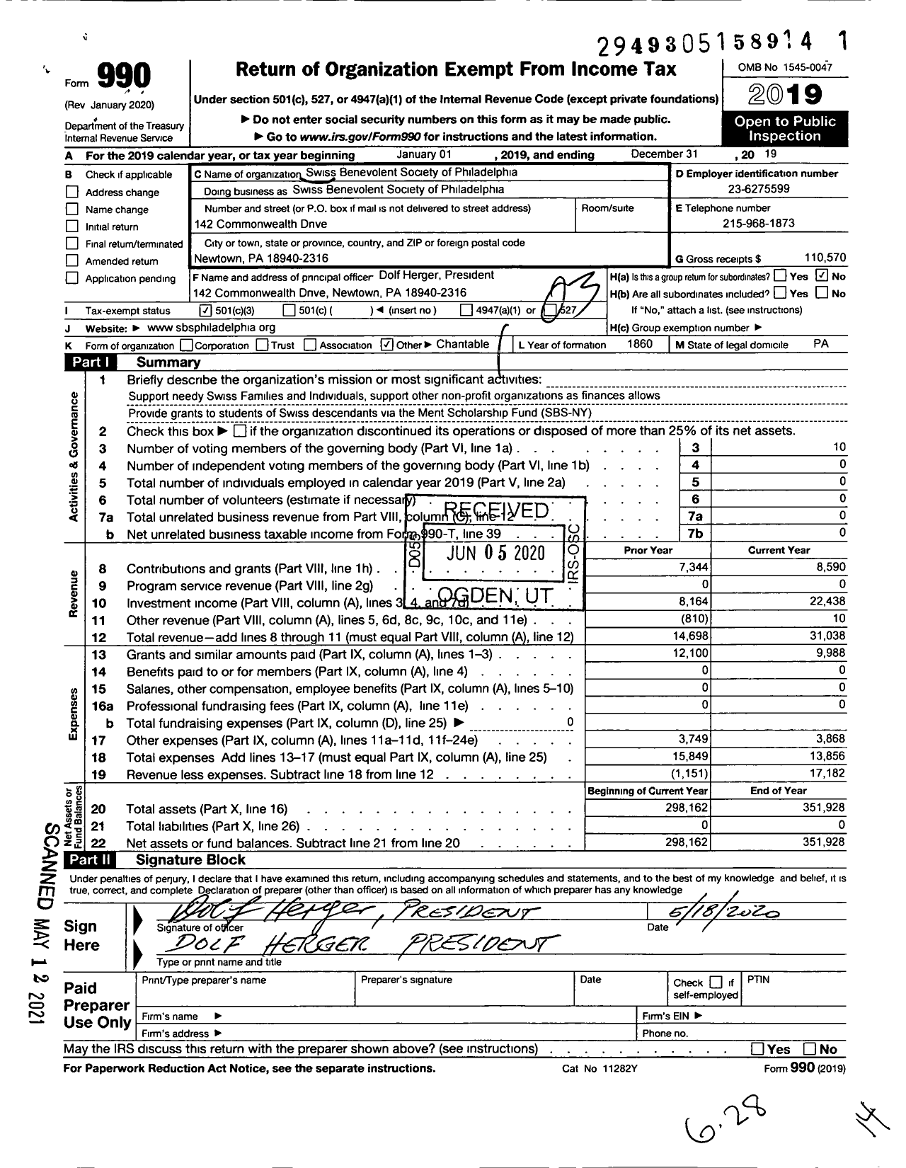 Image of first page of 2019 Form 990 for Swiss Benevolent Society of Philadelphia