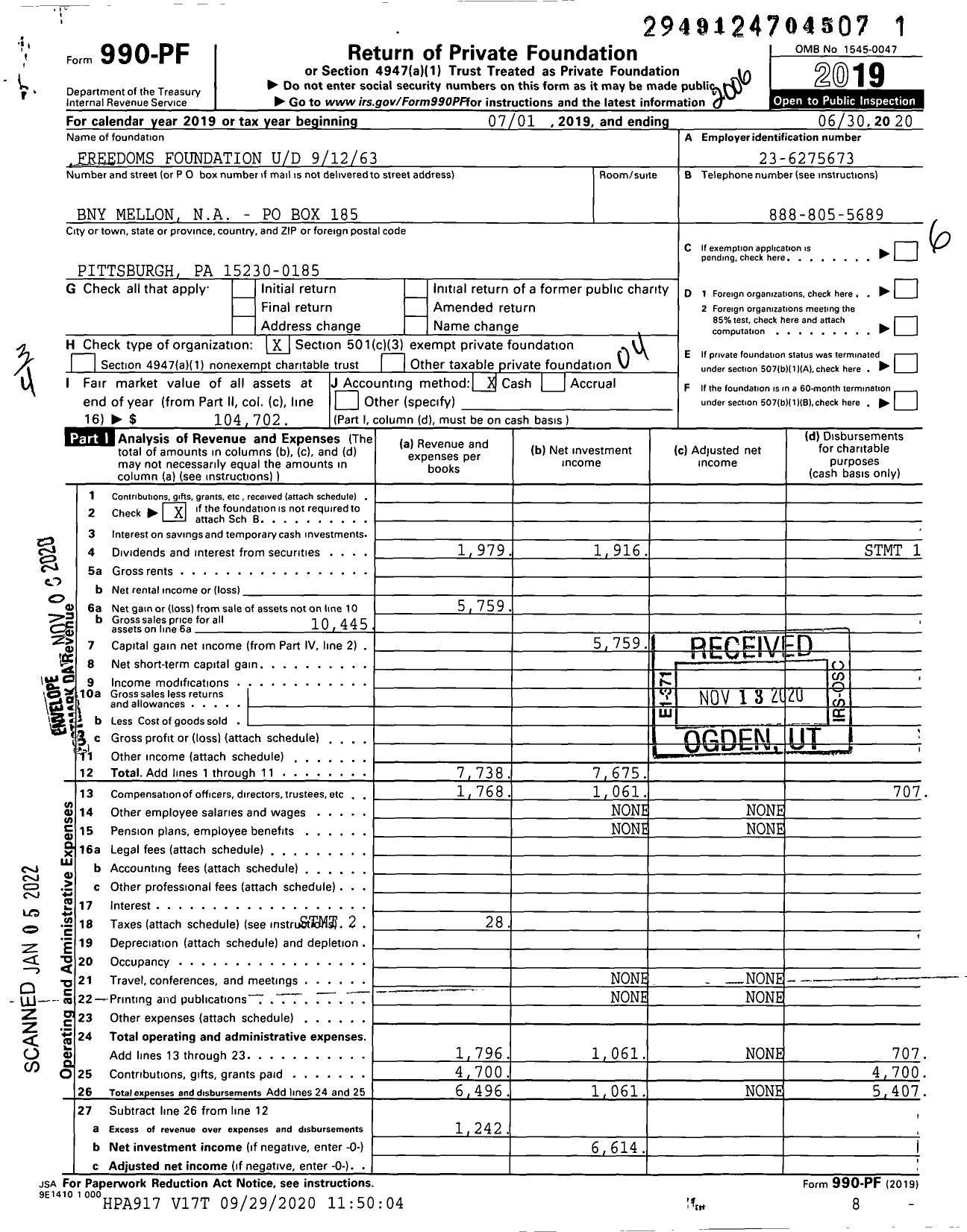 Image of first page of 2019 Form 990PF for Freedoms Foundation Ud 91263