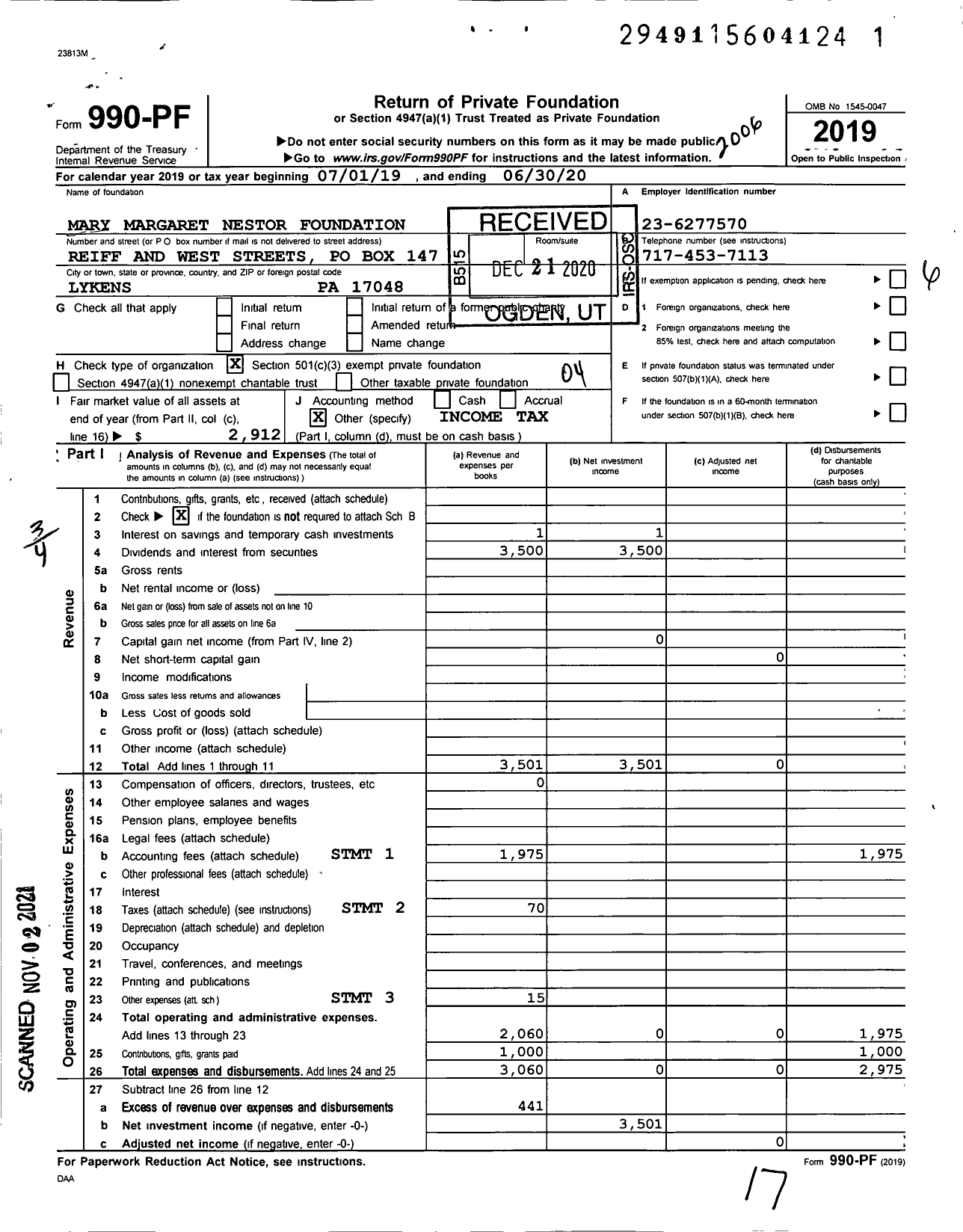 Image of first page of 2019 Form 990PF for Mary Margaret Nestor Foundation