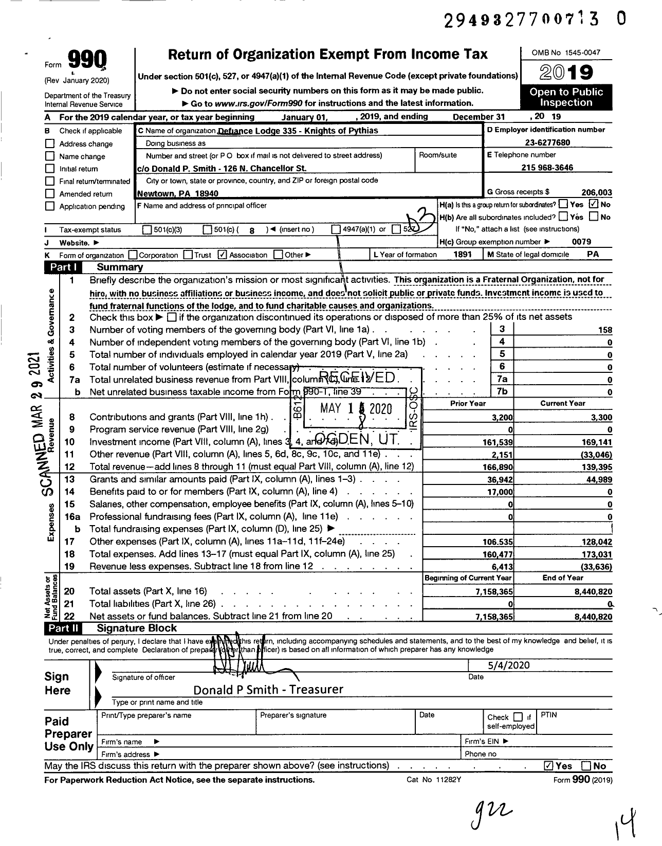 Image of first page of 2019 Form 990 for Defiance Lodge 335 Knights of Pythias