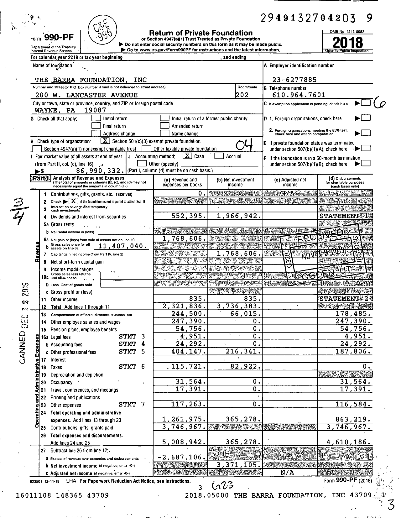 Image of first page of 2018 Form 990PF for Barra Foundation