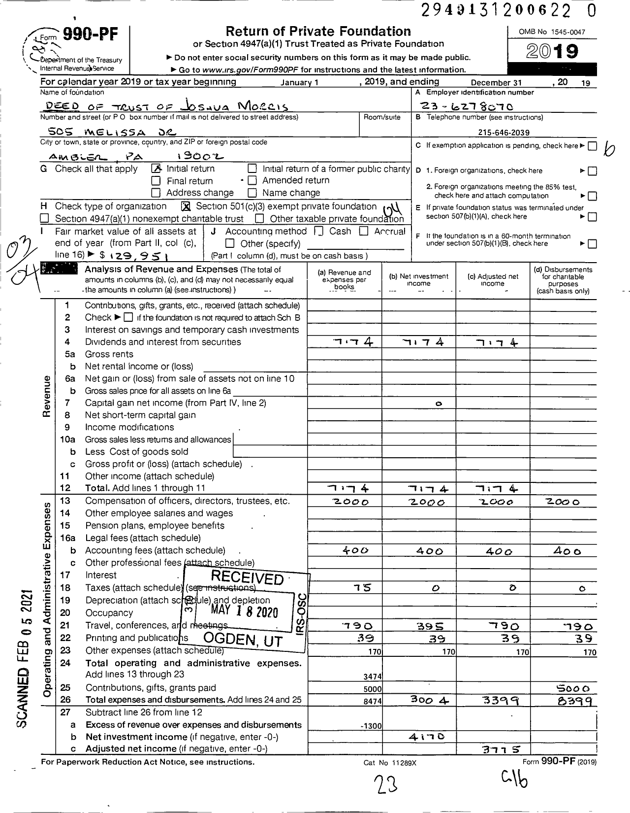 Image of first page of 2019 Form 990PF for Deed of Trust of Joshua Morris