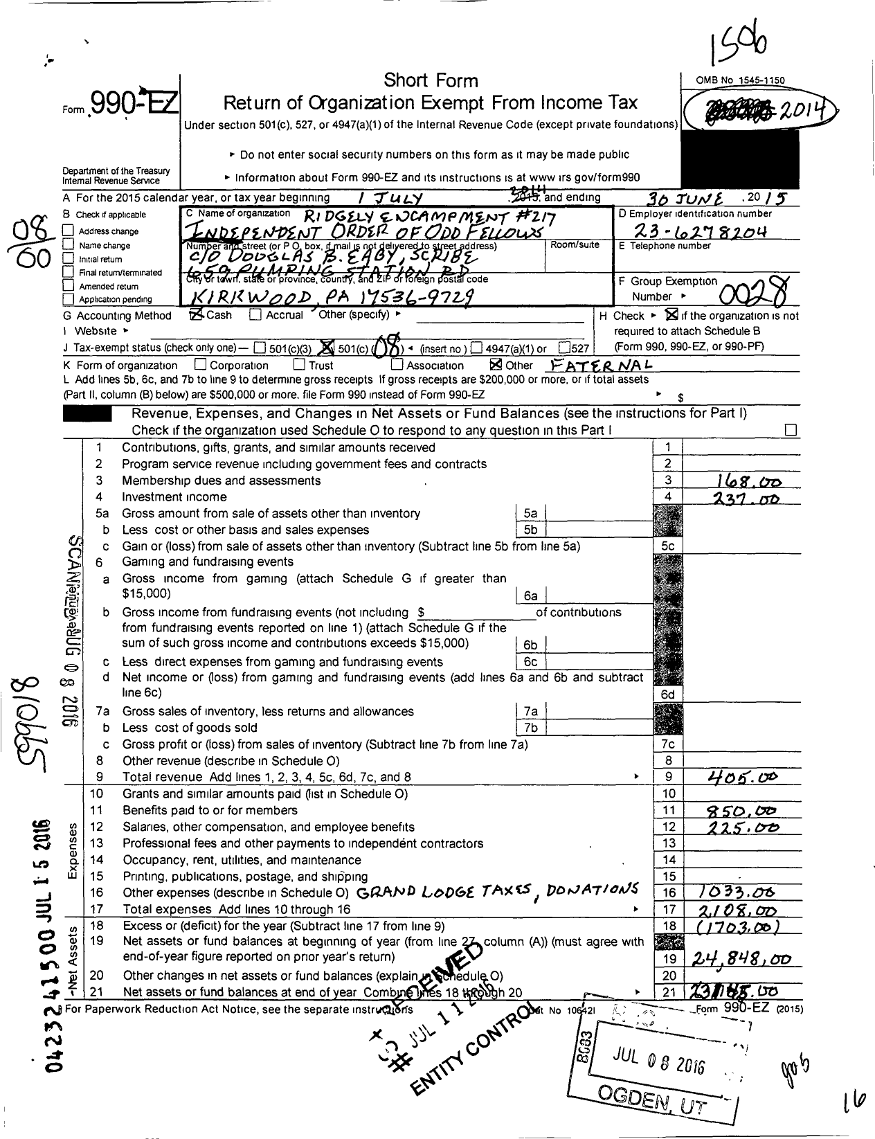 Image of first page of 2014 Form 990EO for Independent Order of Odd Fellows - 217 Ridgley Enc