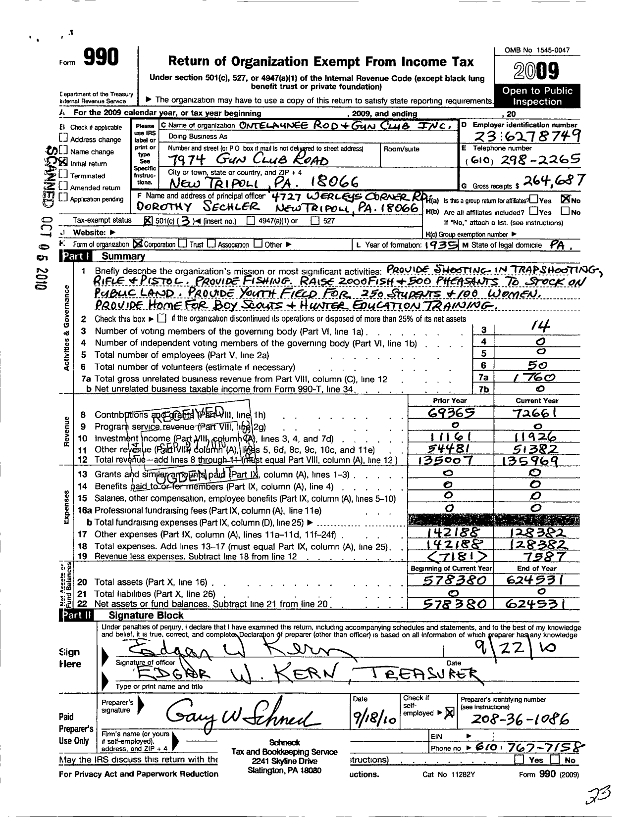Image of first page of 2009 Form 990 for Ontelaunee Rod and Gun Club
