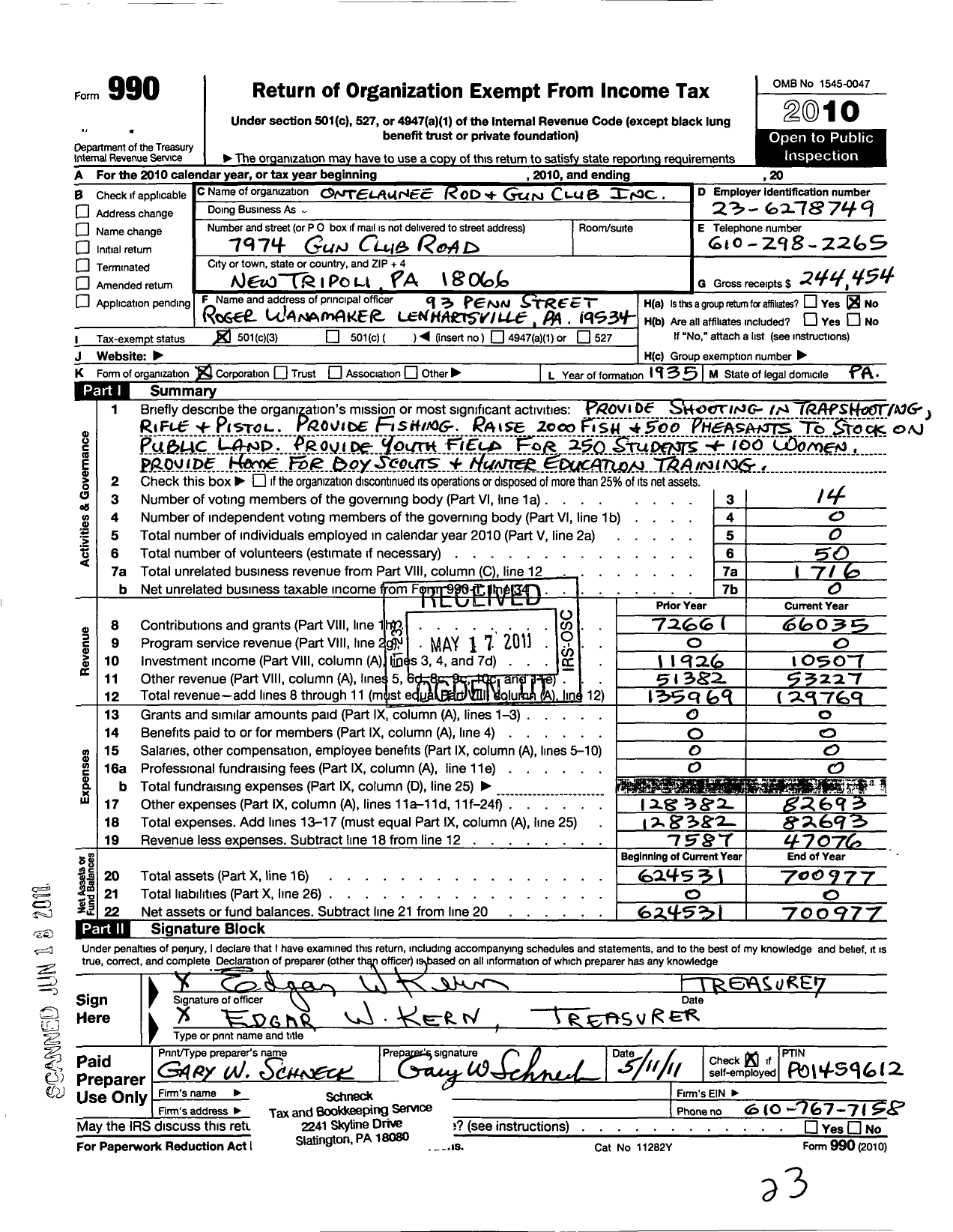 Image of first page of 2010 Form 990 for Ontelaunee Rod and Gun Club