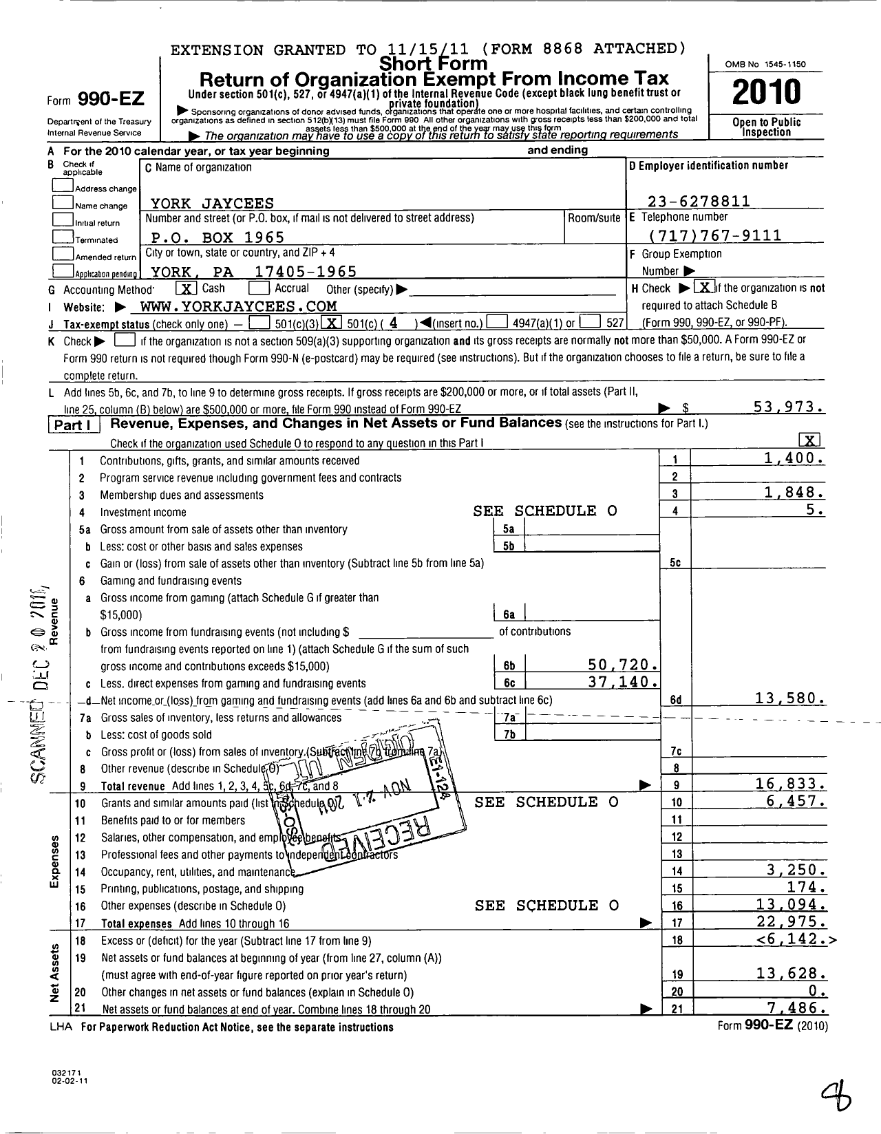 Image of first page of 2010 Form 990EO for United States Junior Chamber of Commerce / York