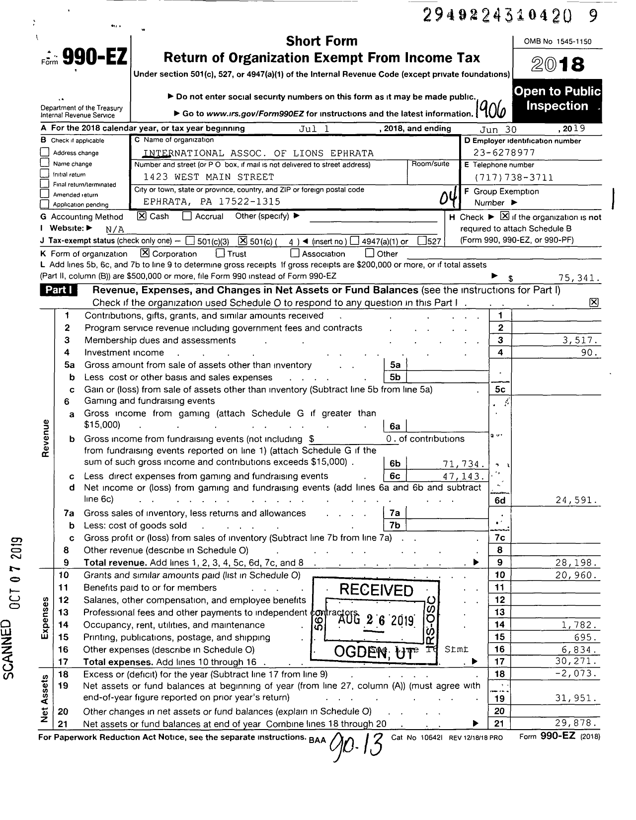 Image of first page of 2018 Form 990EO for Lions Clubs - 5871 Ephrata