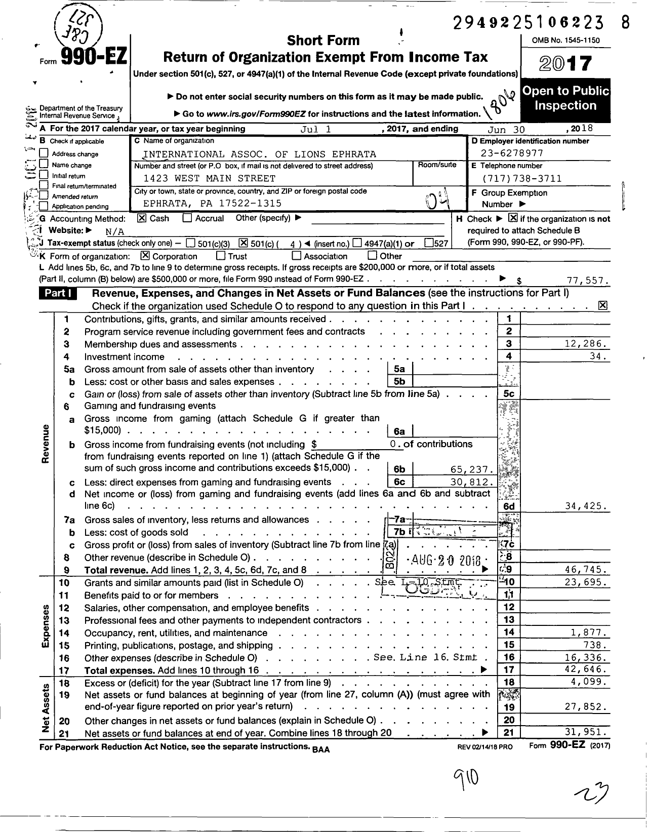 Image of first page of 2017 Form 990EO for Lions Clubs - 5871 Ephrata