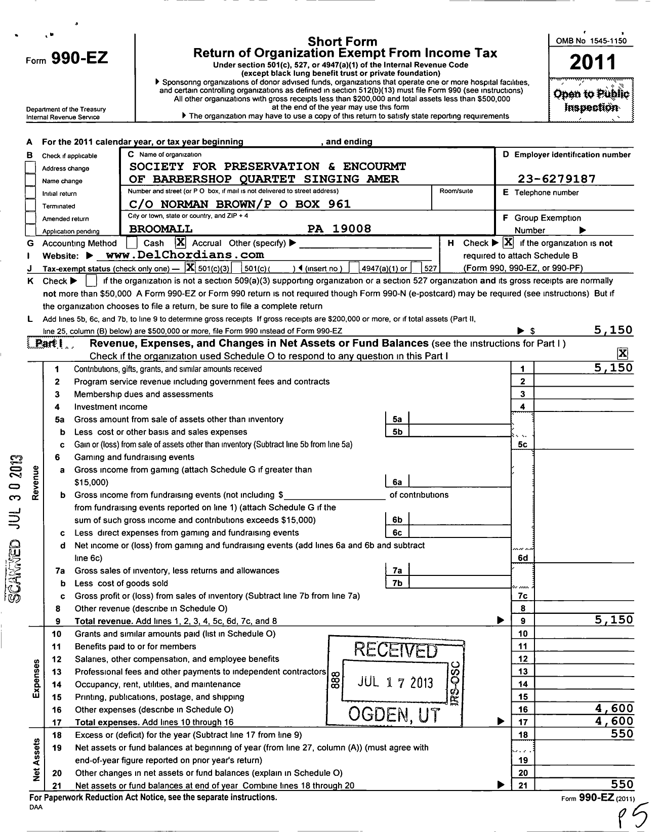 Image of first page of 2011 Form 990EZ for Barbershop Harmony Society - J058 Delco