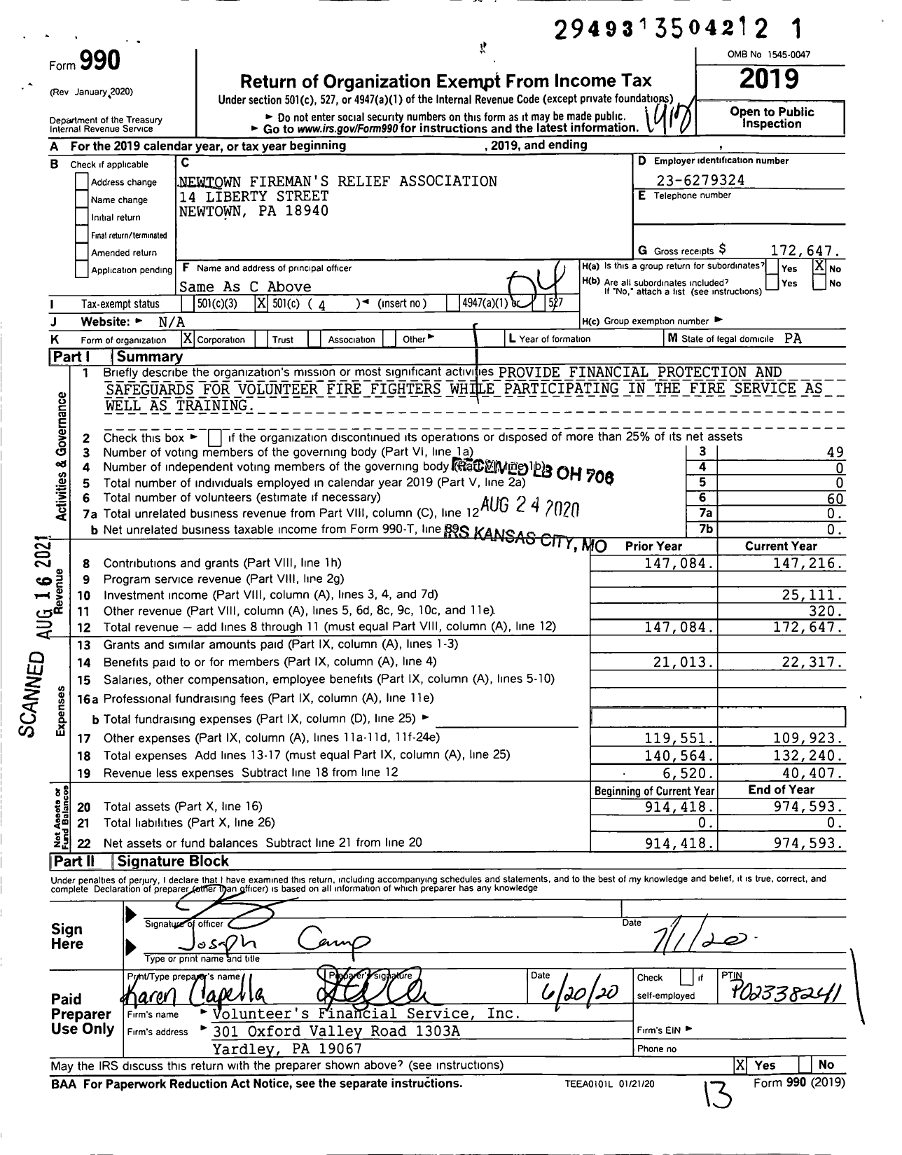 Image of first page of 2019 Form 990O for Newtown Firemans Relief Association