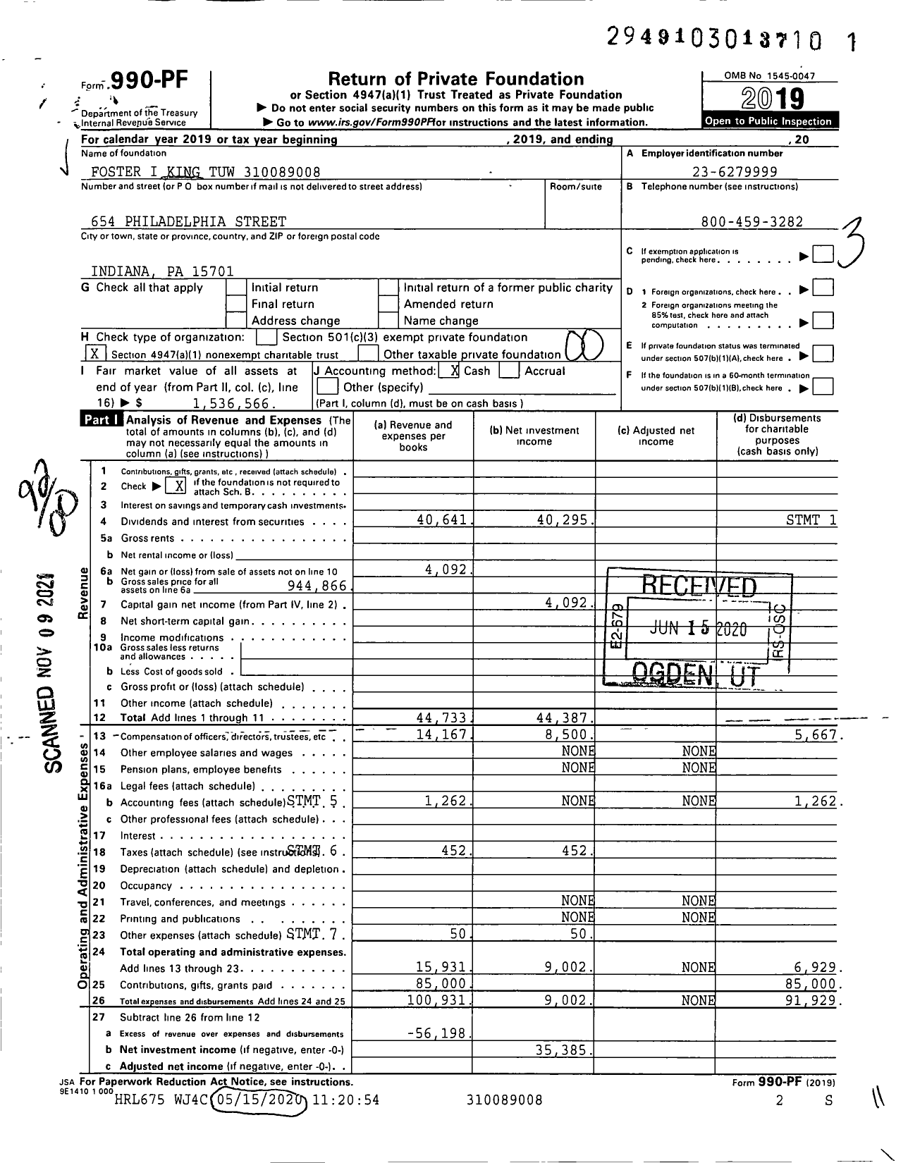 Image of first page of 2019 Form 990PF for Foster I King Tuw XXX-XX-XXXX