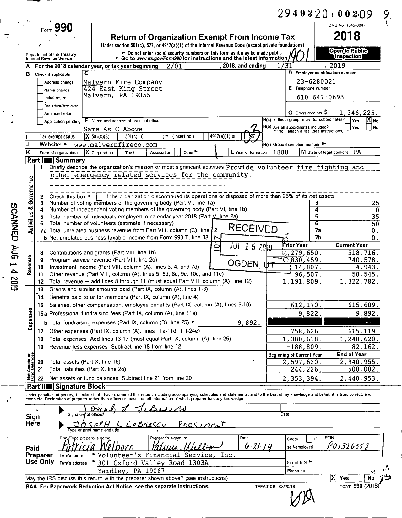 Image of first page of 2018 Form 990 for Malvern Fire Company