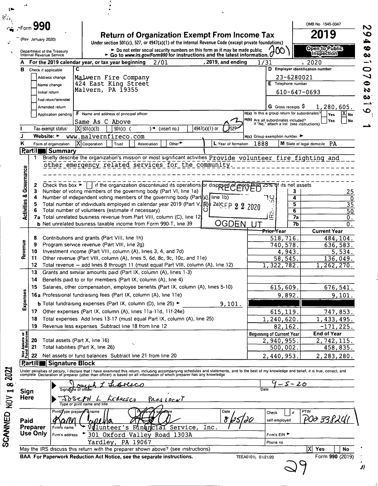 Image of first page of 2019 Form 990 for Malvern Fire Company