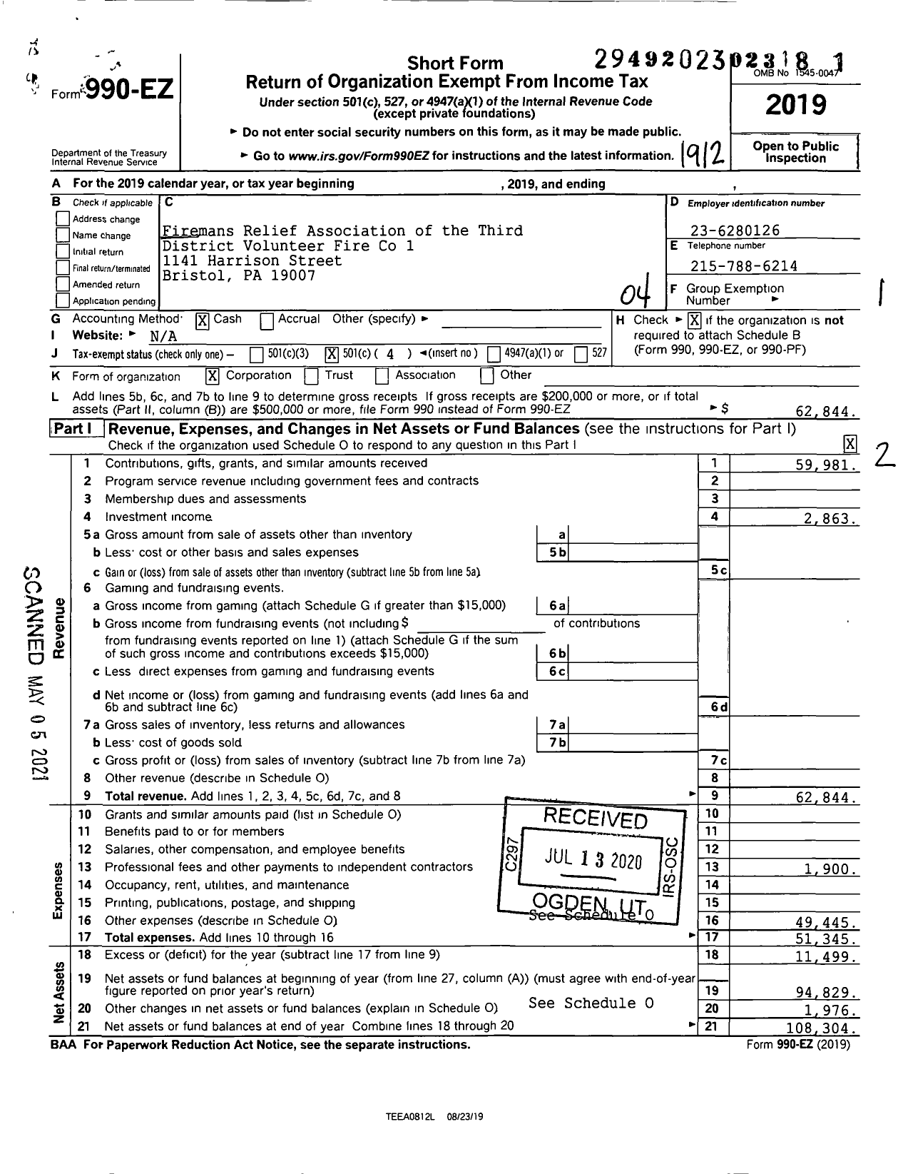 Image of first page of 2019 Form 990EO for Firemans Relief Association of the Third District Volunteer Fire Co 1