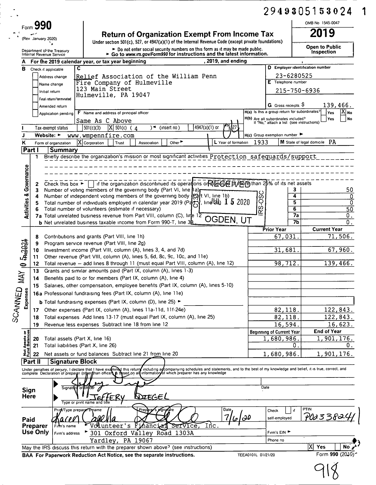 Image of first page of 2019 Form 990O for Relief Association of the William Penn Fire Company of Hulmeville